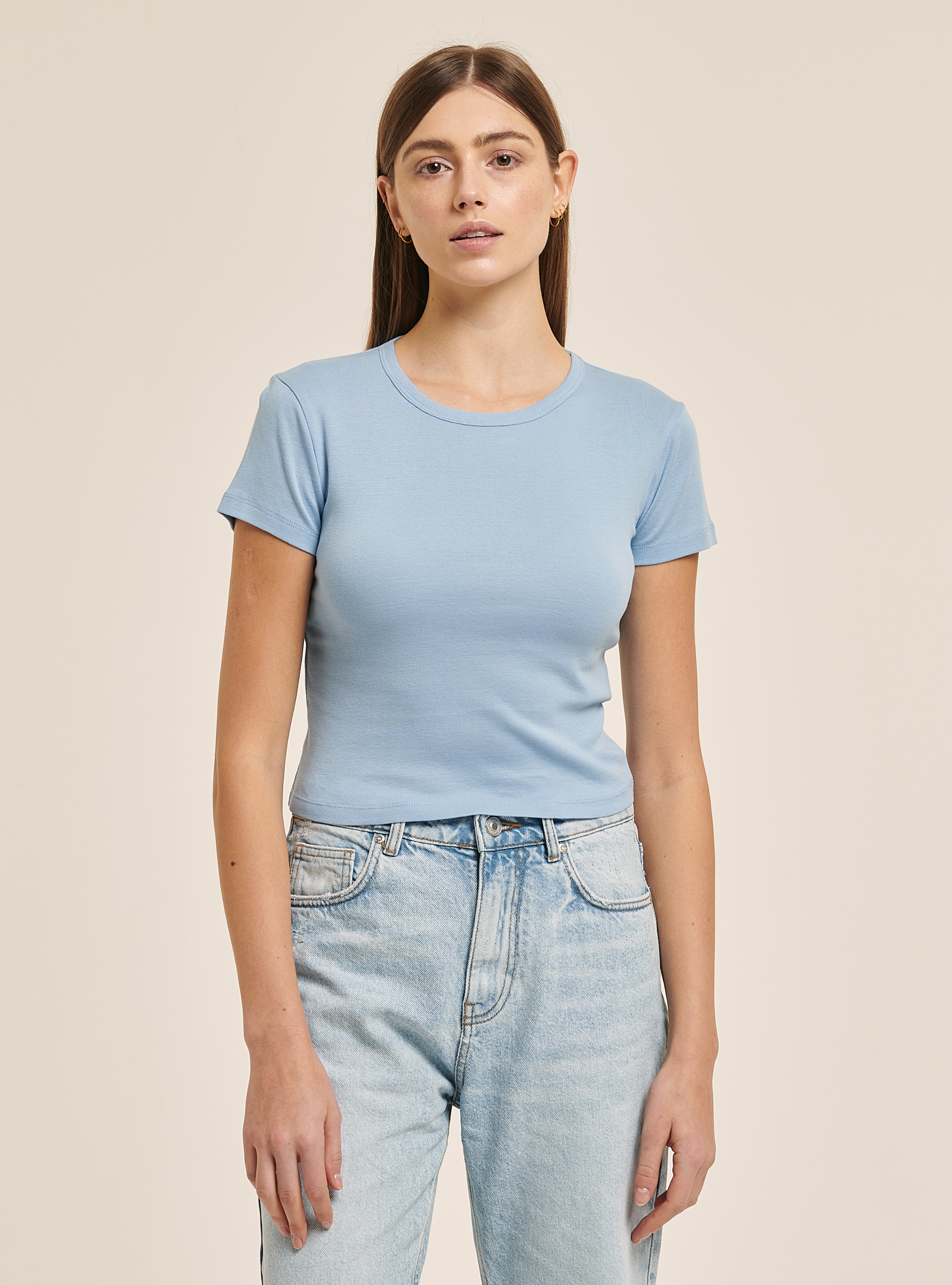 Maglietta crop a costine, AZZURRO