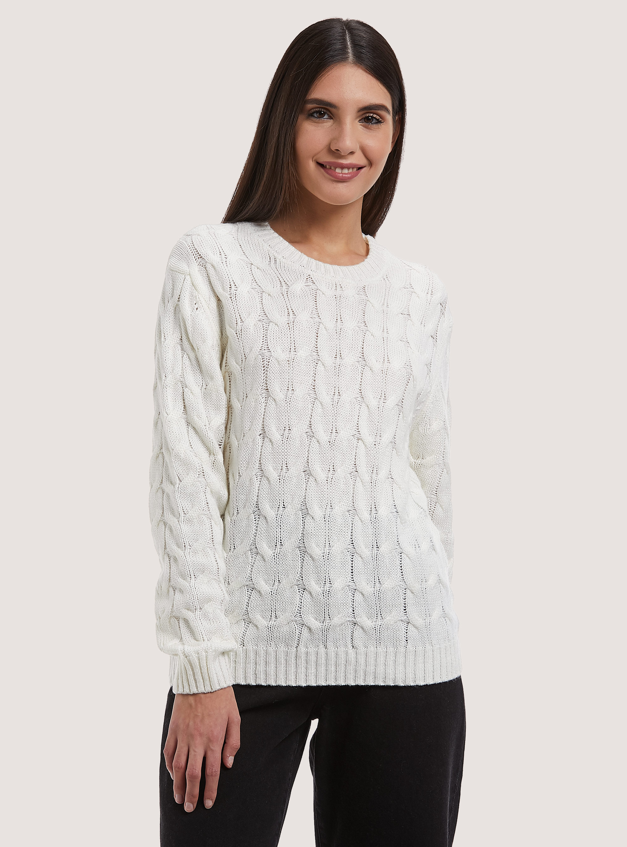 Pullover in misto lana con trecce, WHITE