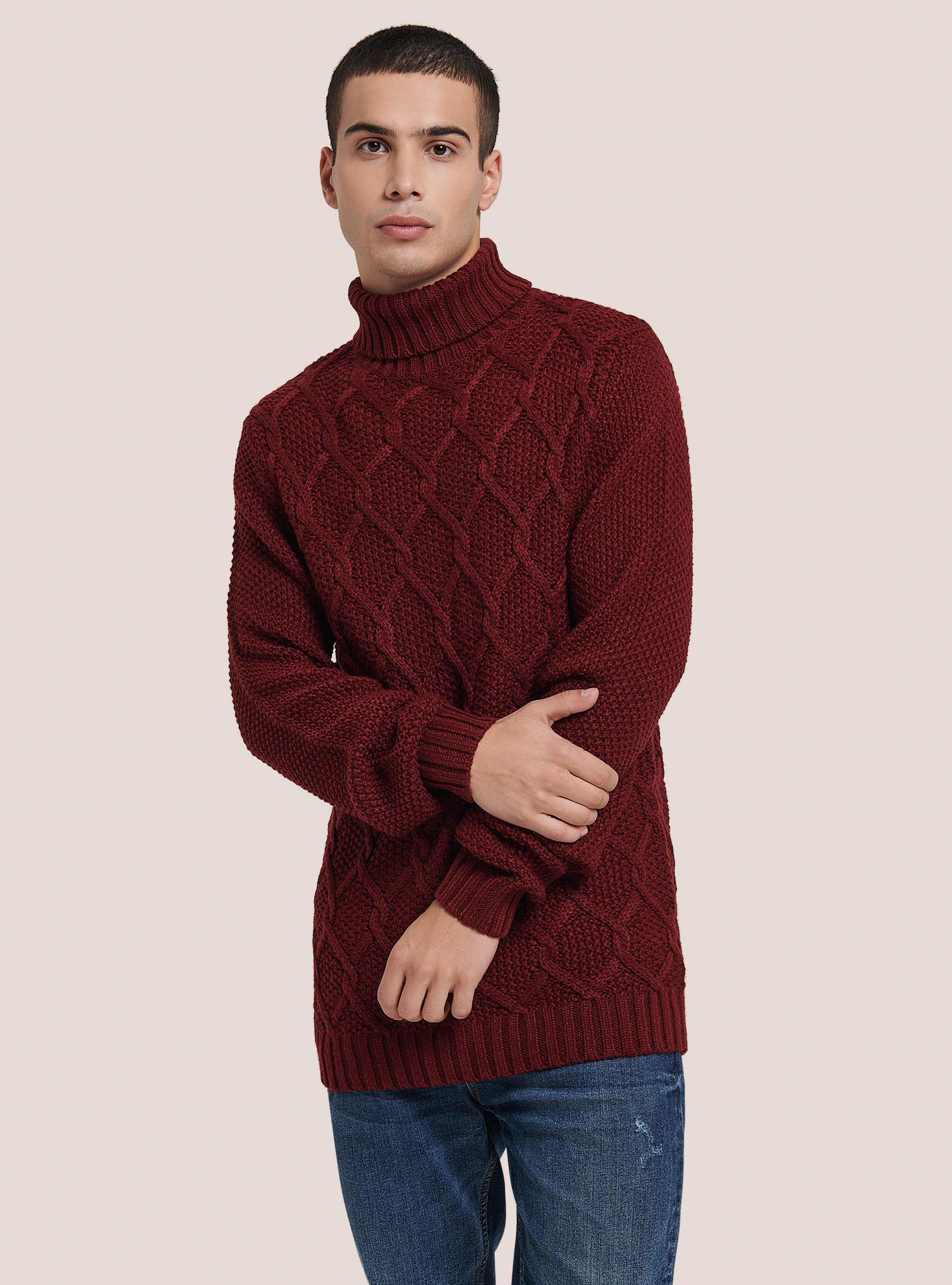 Pullover effetto rombi incrociati, C3307 WINE