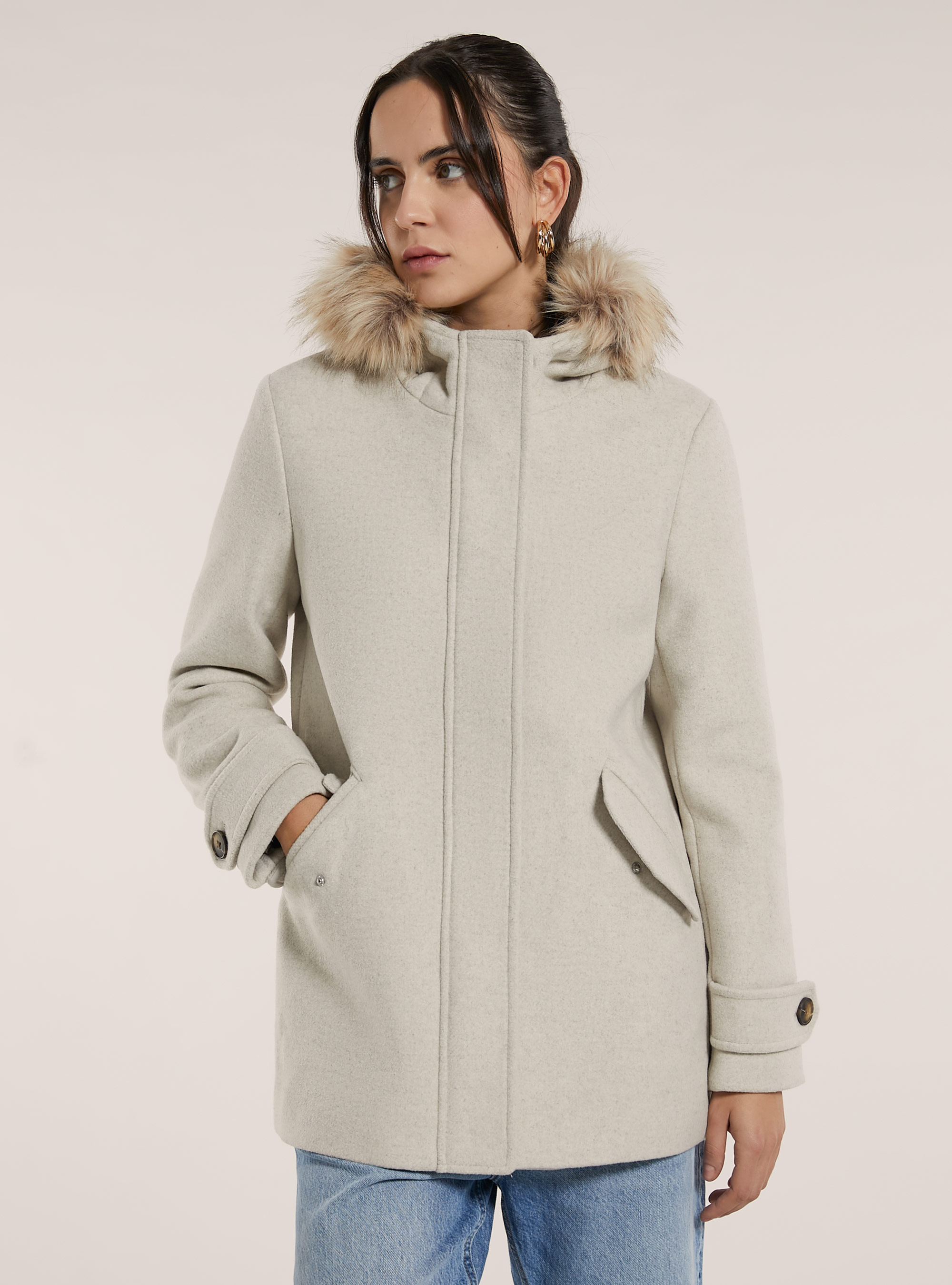 Cappotto corto con cappuccio, BG3 BEIGE LIGHT