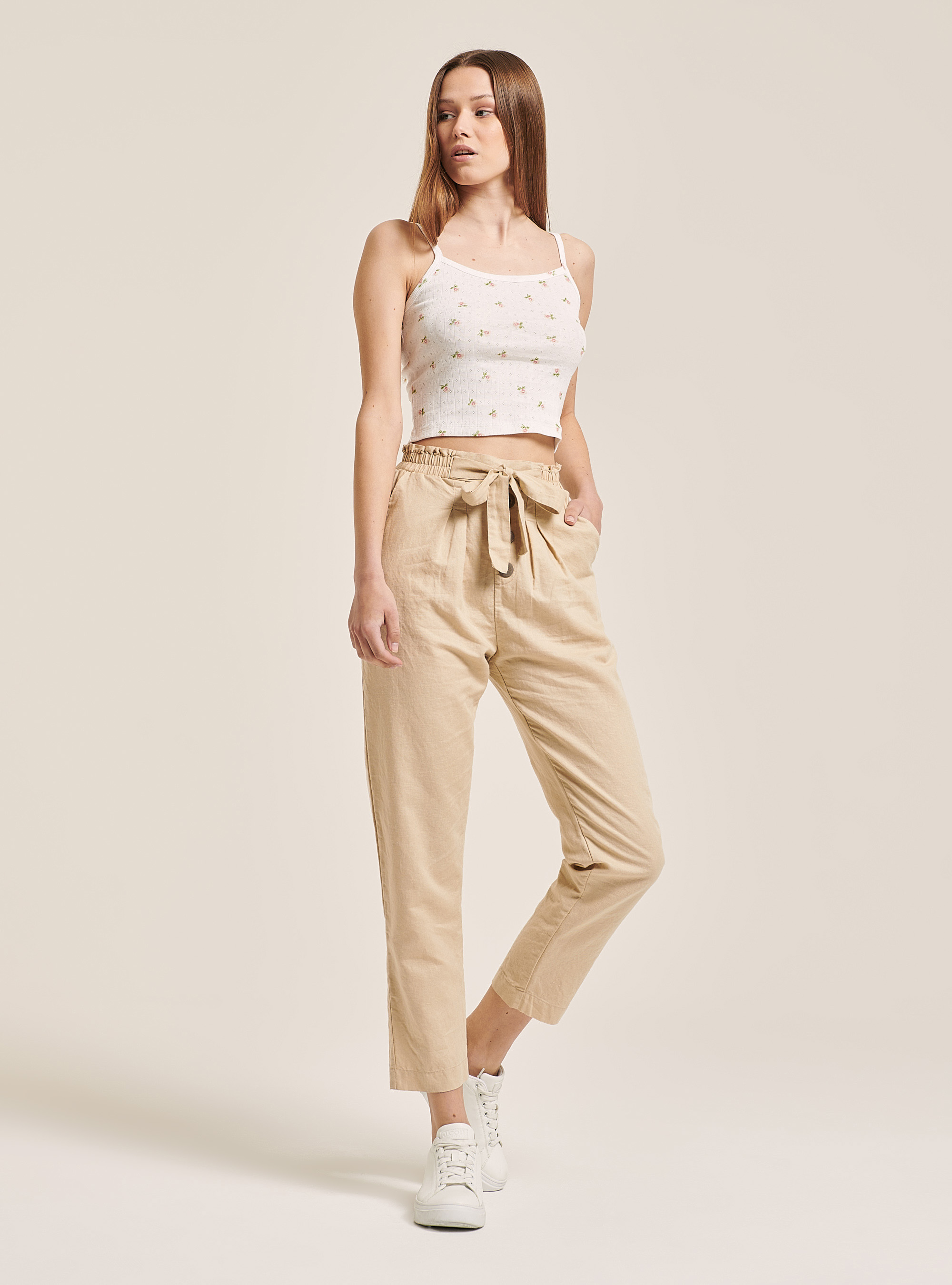 Paperbag linen trousers, C5558 BEIGE