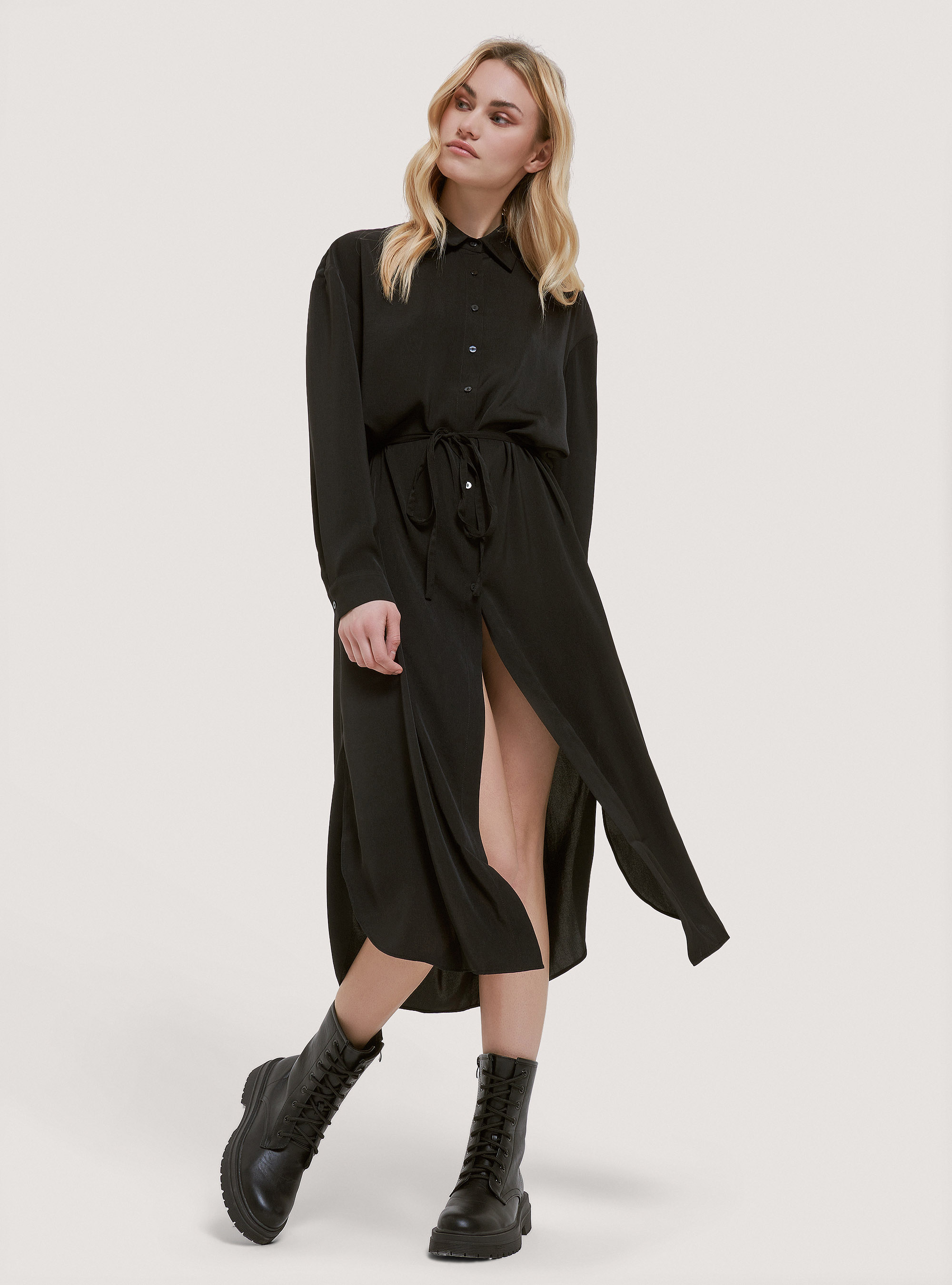 Satin chemisier with belt, BLACK