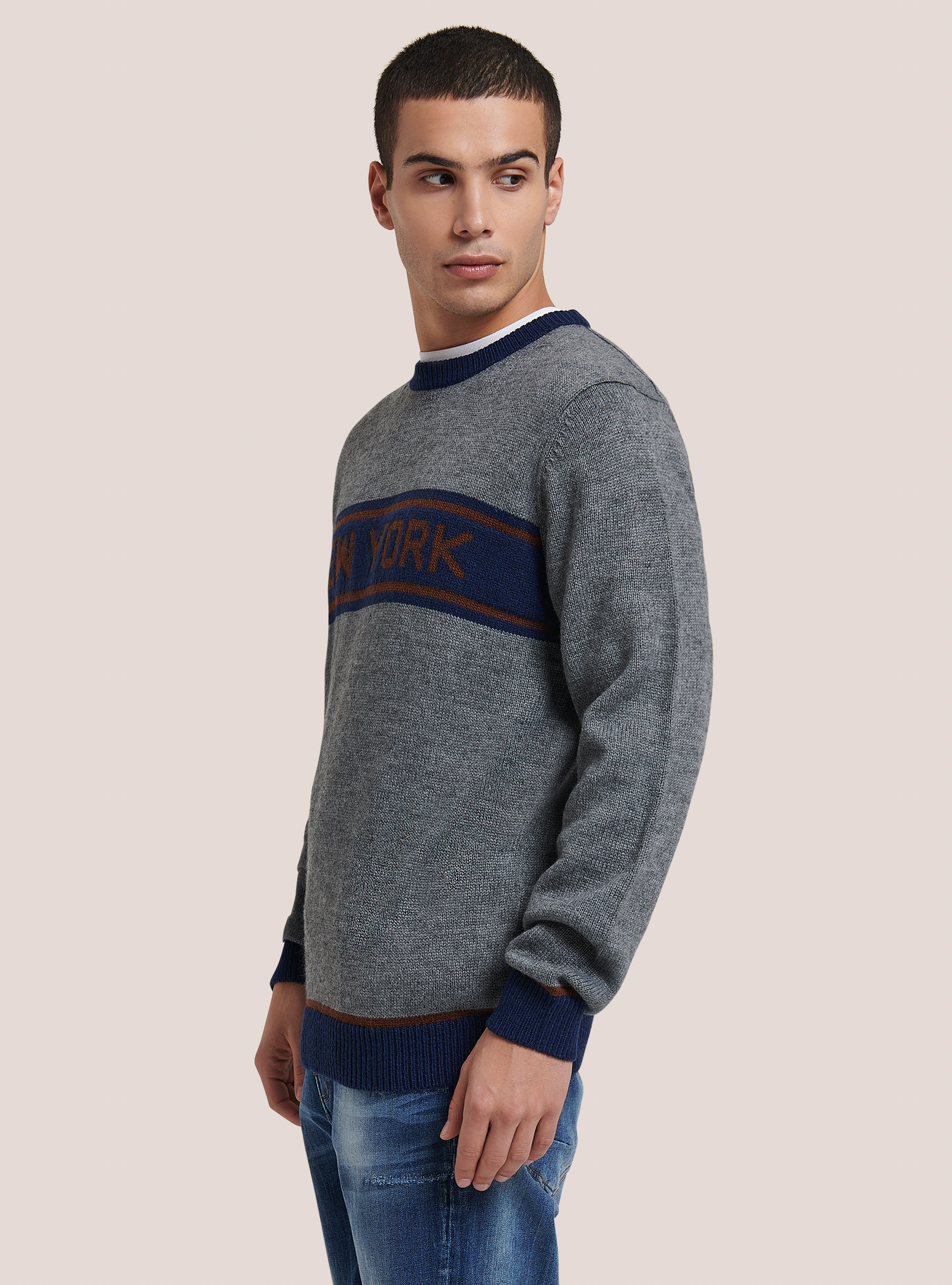 Crew-neck pullover with contrasting inscription, GREY MELANGE
