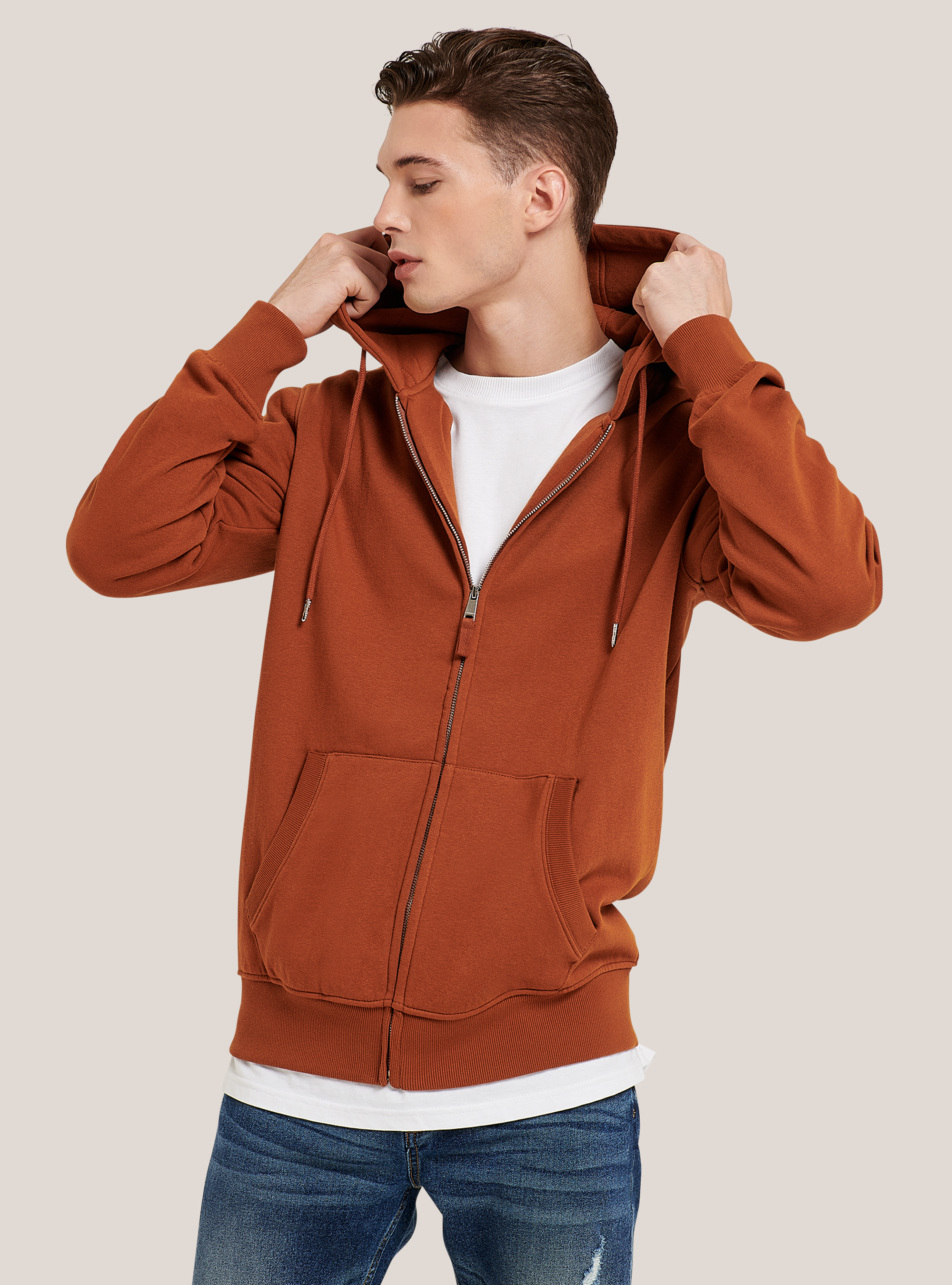 Felpa con zip e cappuccio in cotone, C5608 TOBACCO