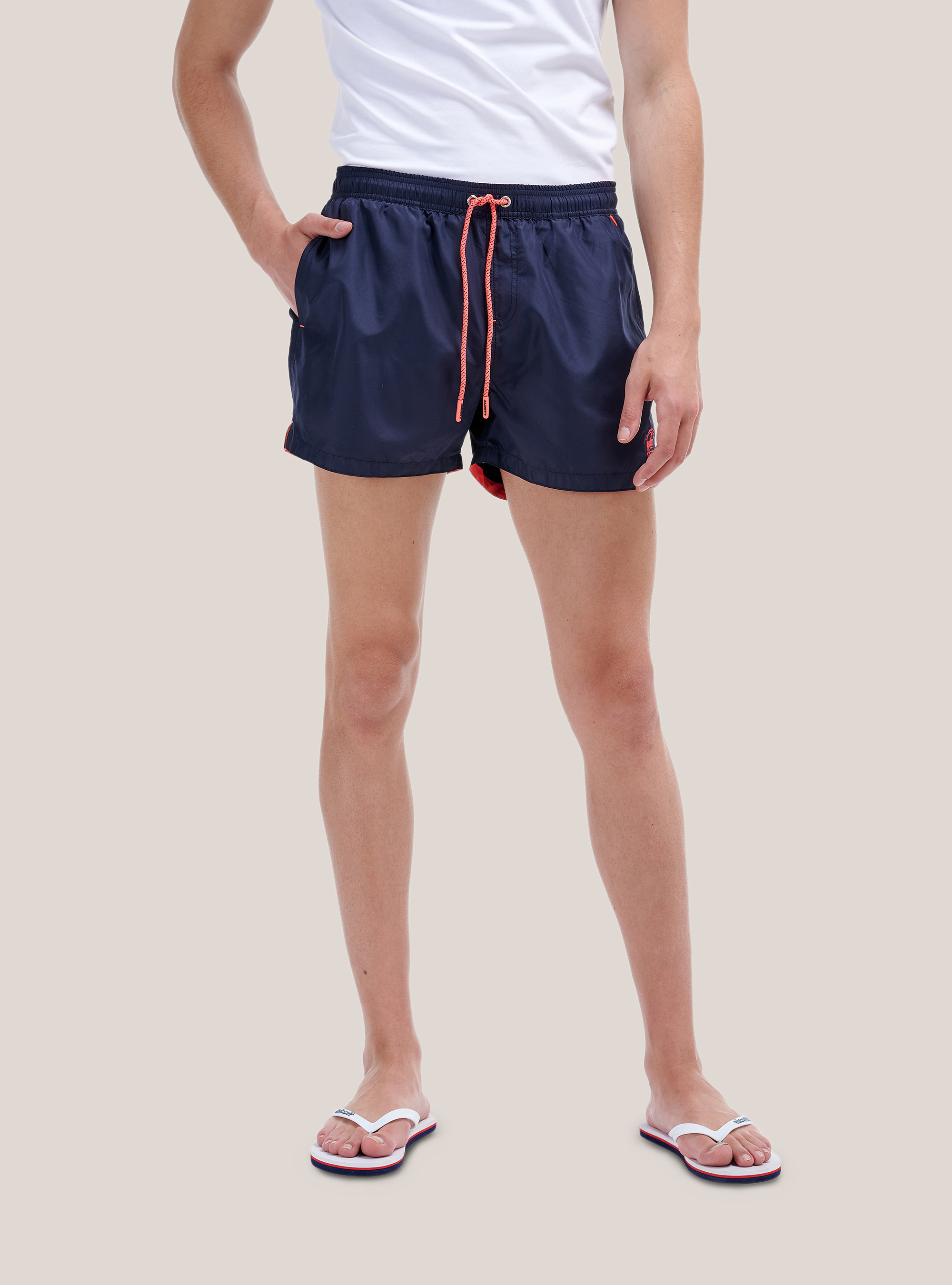 Color solid swimsuit with front embroidery and back pocket., BLUE NAVY