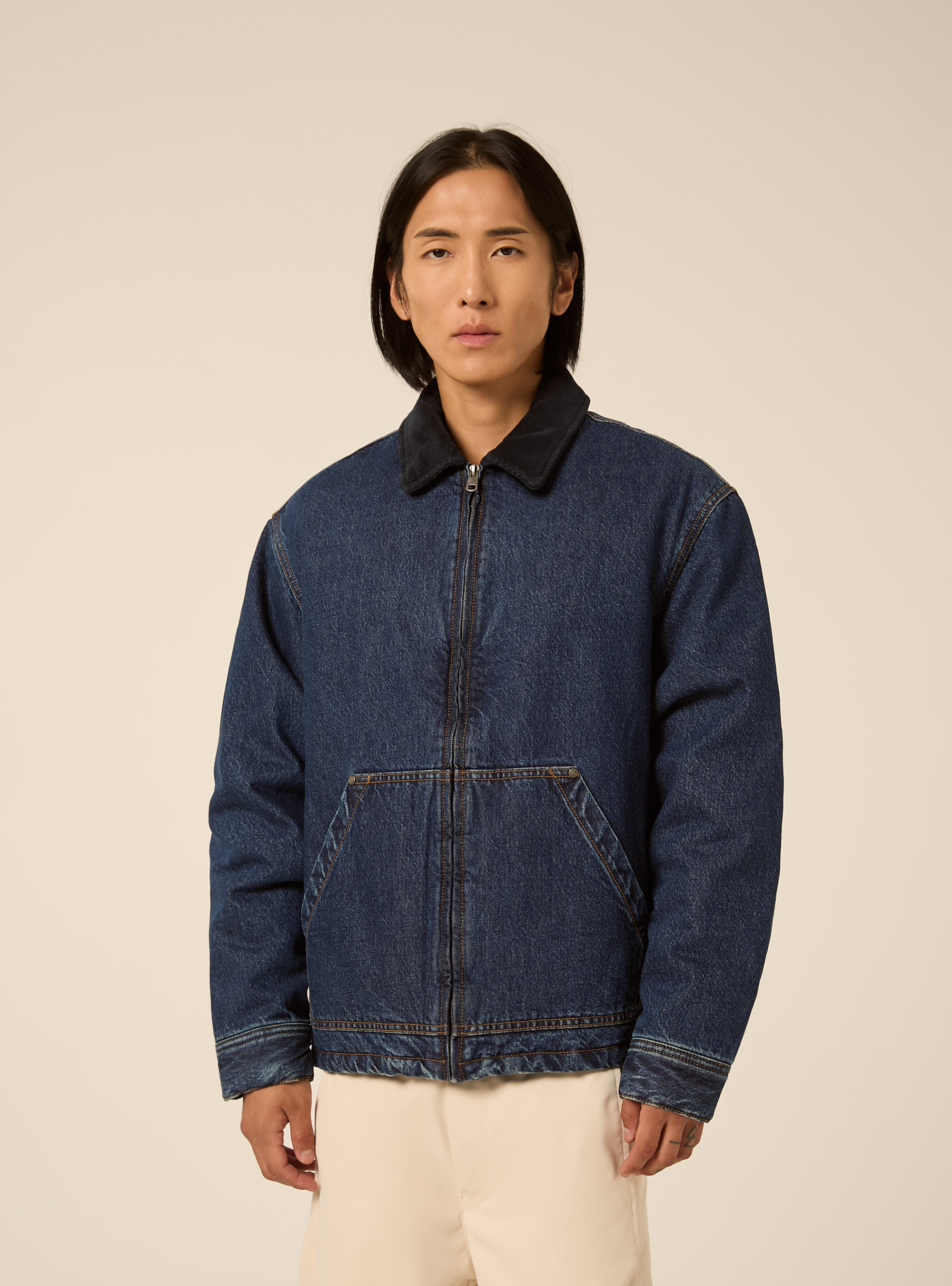 Bomber in denim con collo in velluto, D006 AZURE