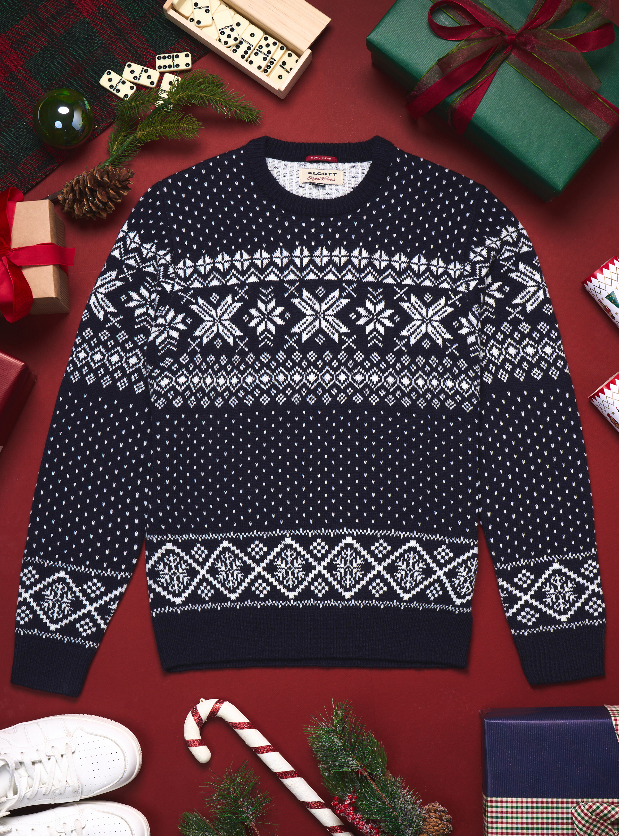 Jersey de cuello redondo con copos de nieve, AZUL MARINO