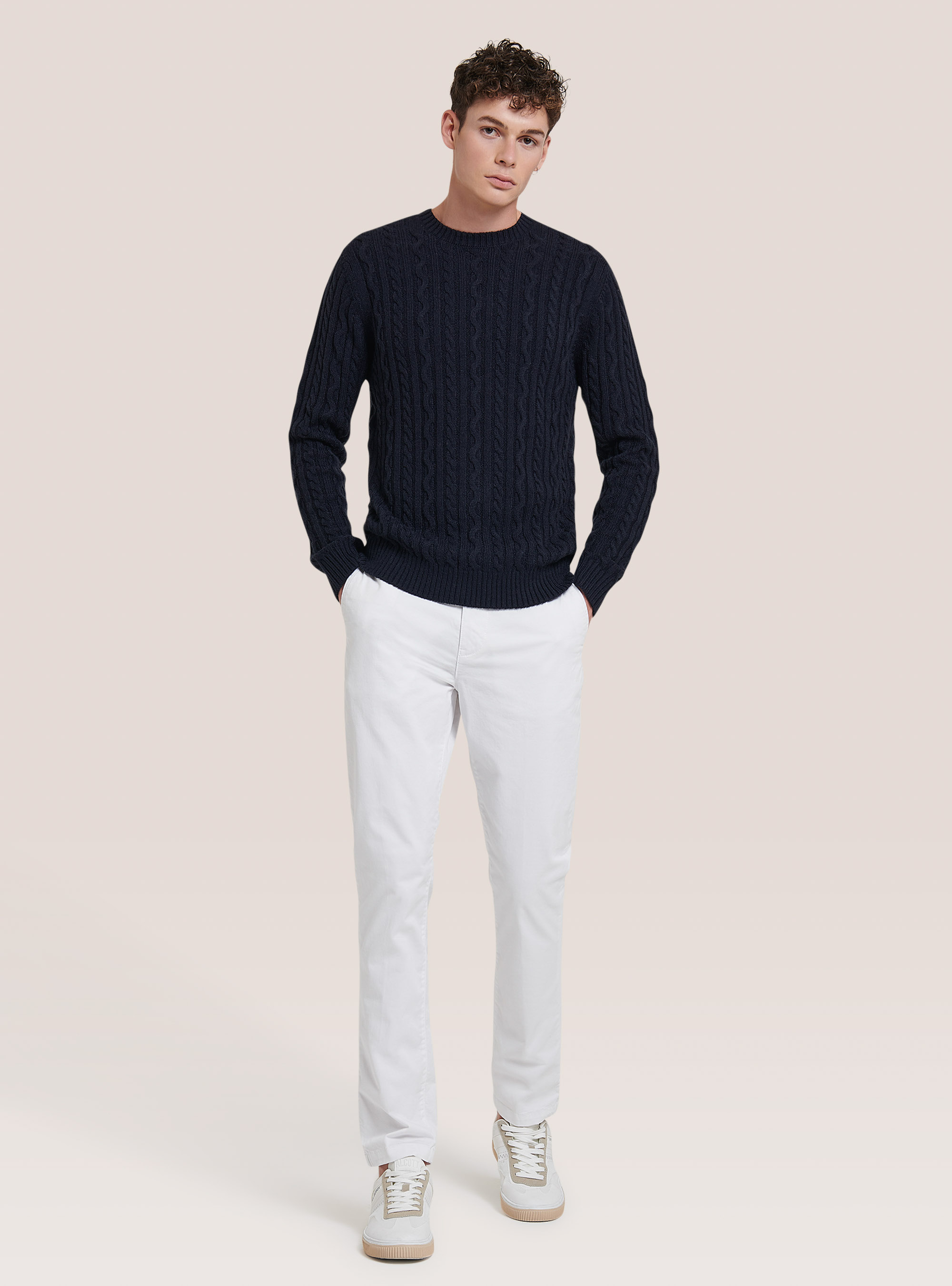 Crew-neck pullover with braids, BLUE NAVY