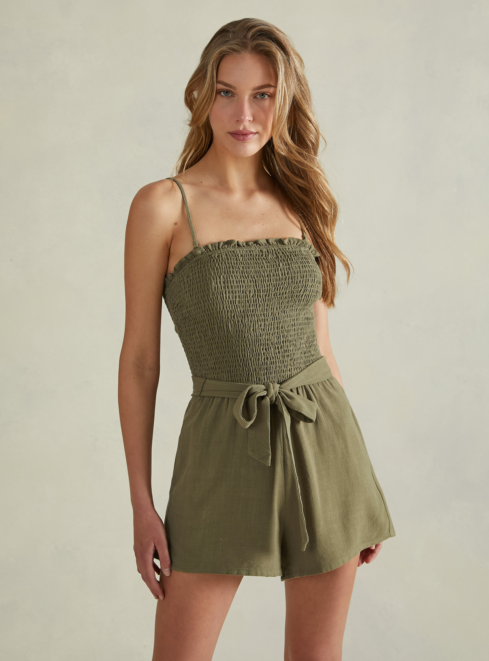 Linen blend short jumpsuit, C6601 KAKY