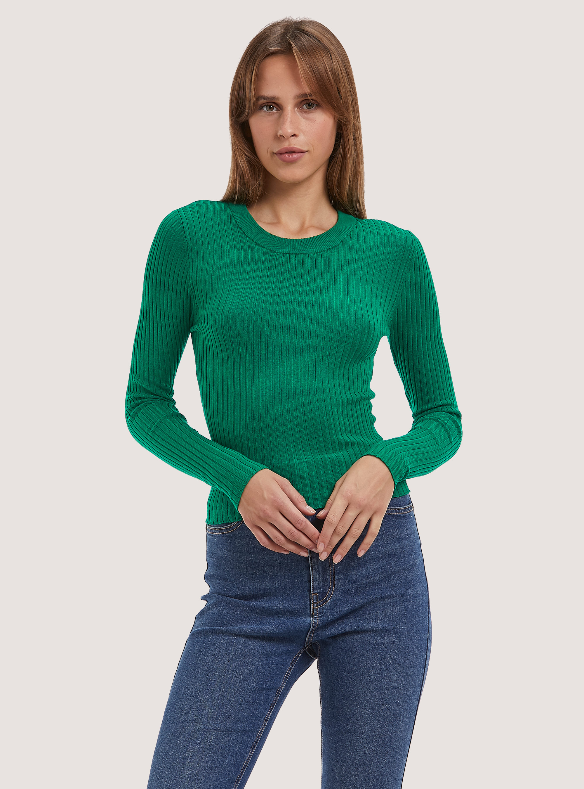 Soft cropped ribbed stretch pullover, GN2 GREEN MEDIUM