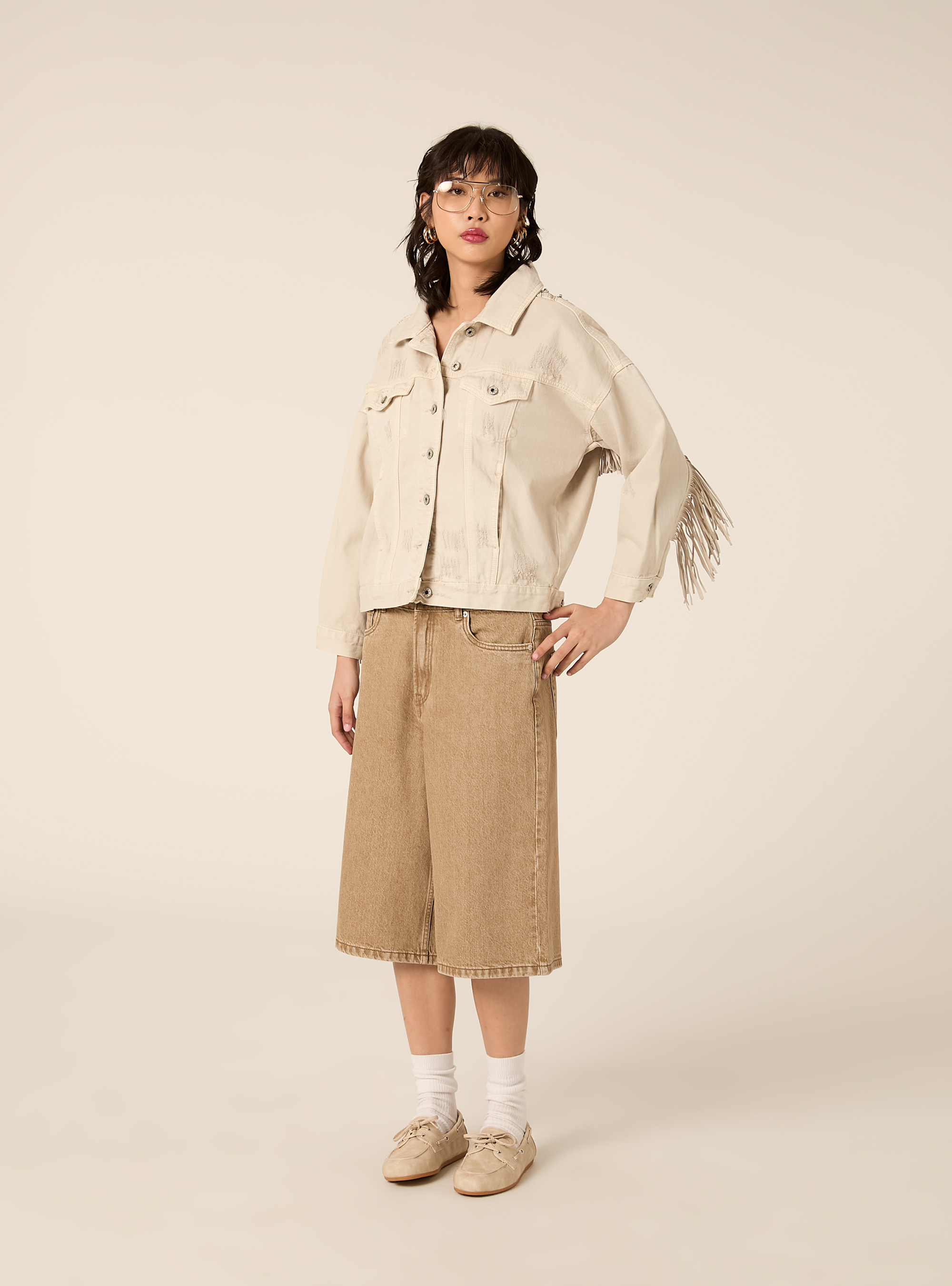 Giubbotto in denim con frange, BG3 BEIGE LIGHT