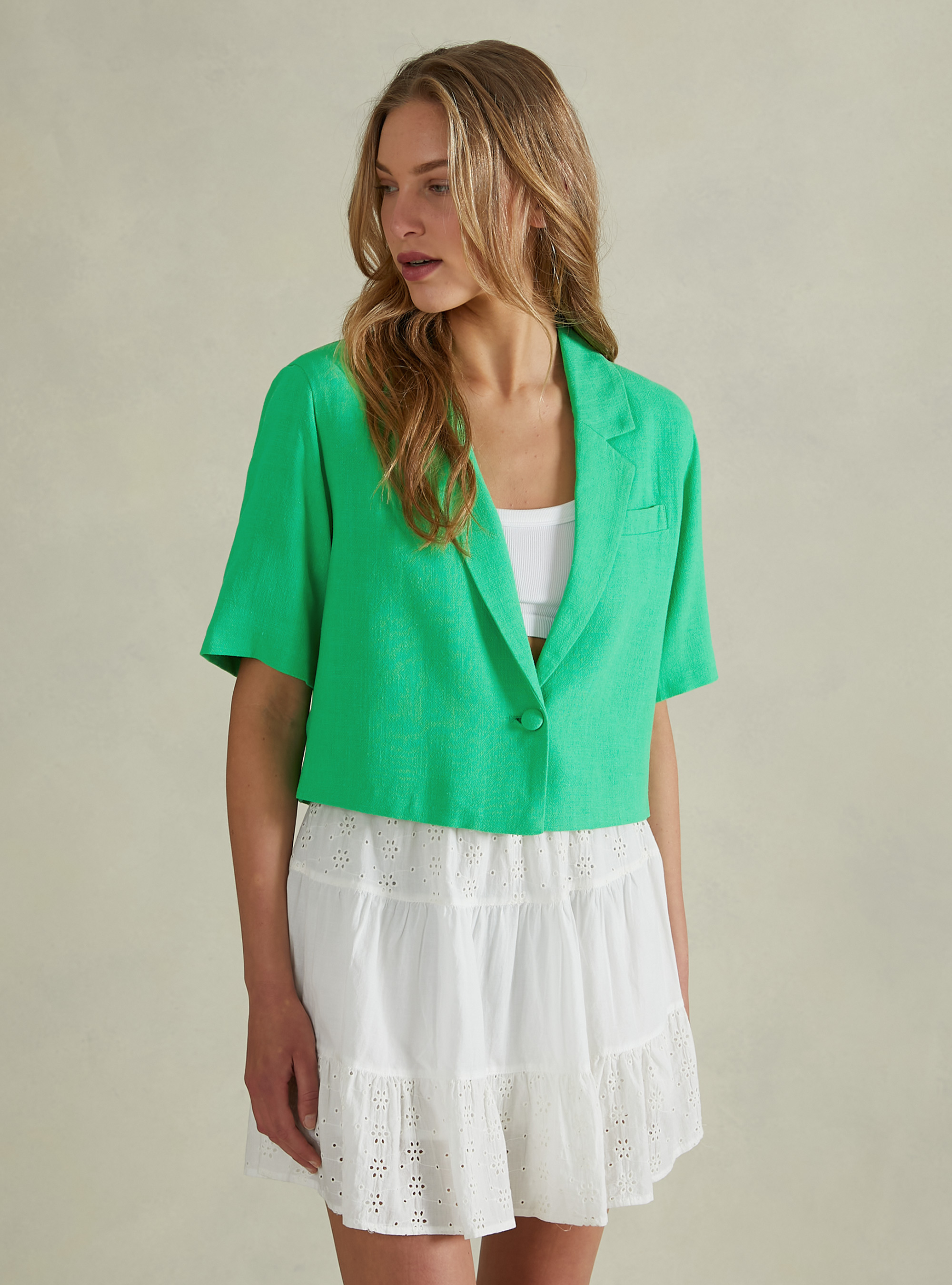 Linen blend cropped blazer, GN3 GREEN LIGHT
