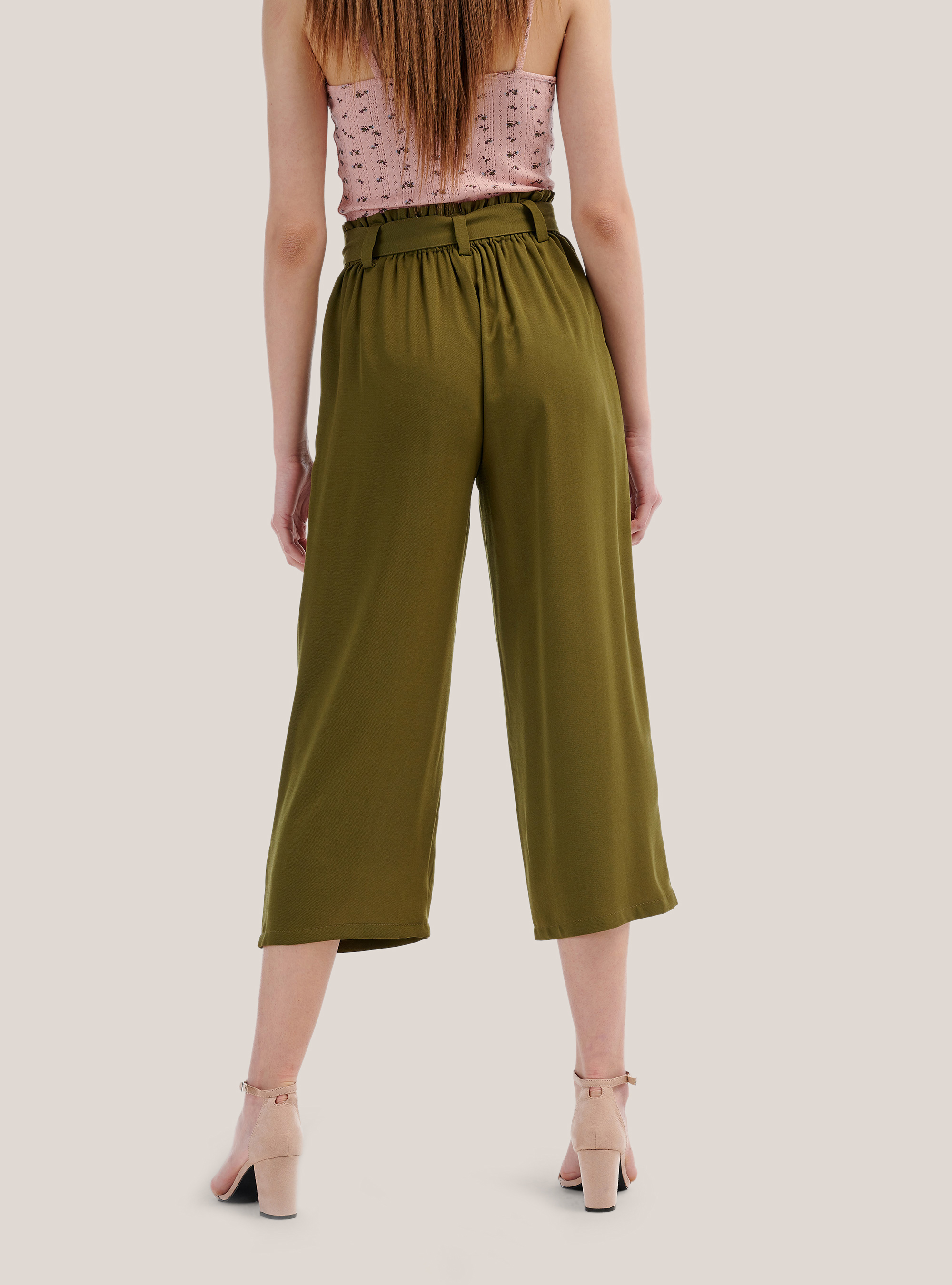 Pantalon de pernera ancha de color liso con cinturon de tela, C6601 KAKY