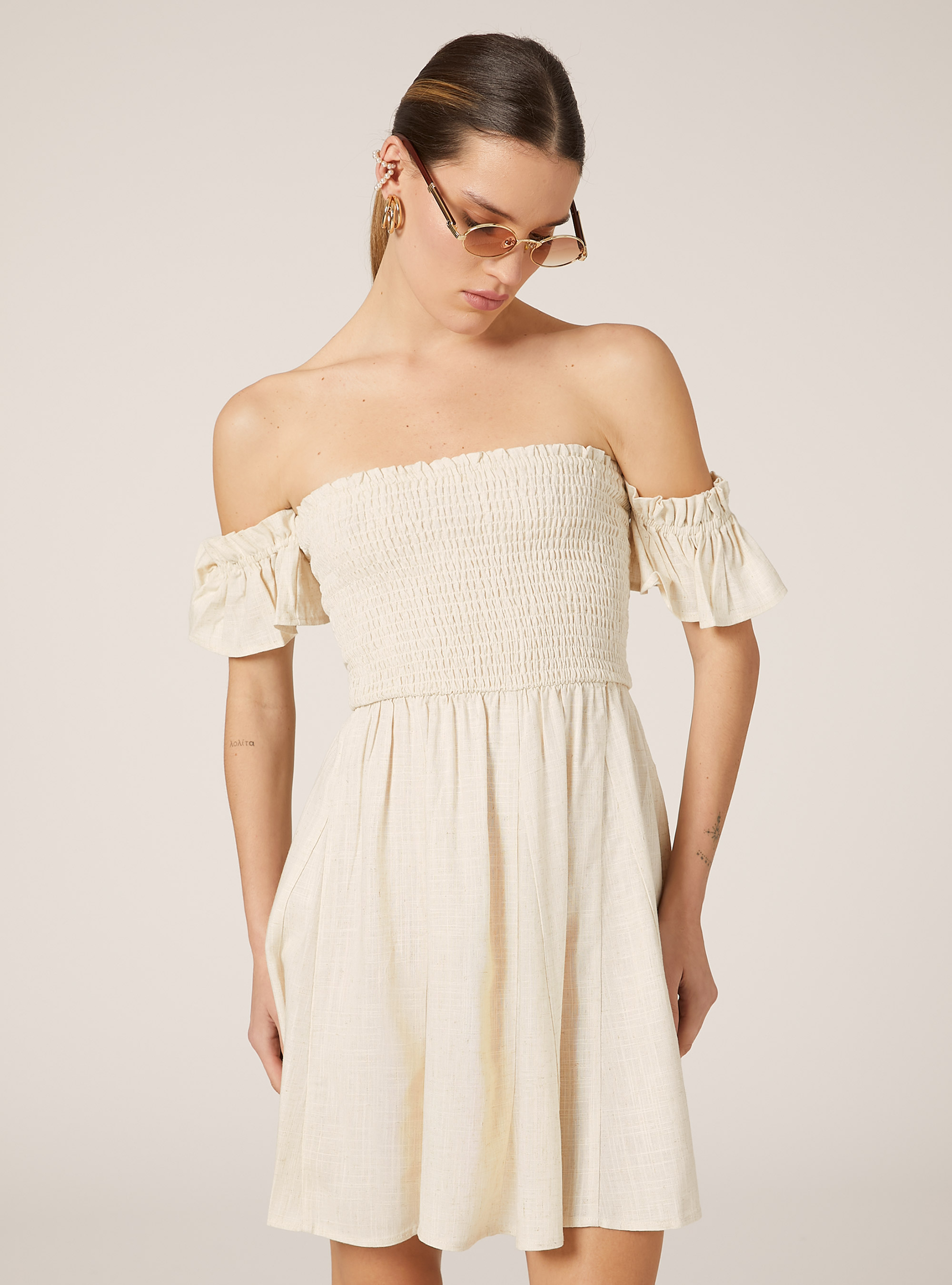 Linen blend gathered dress, MBG3 BEIGE MEL LIGHT