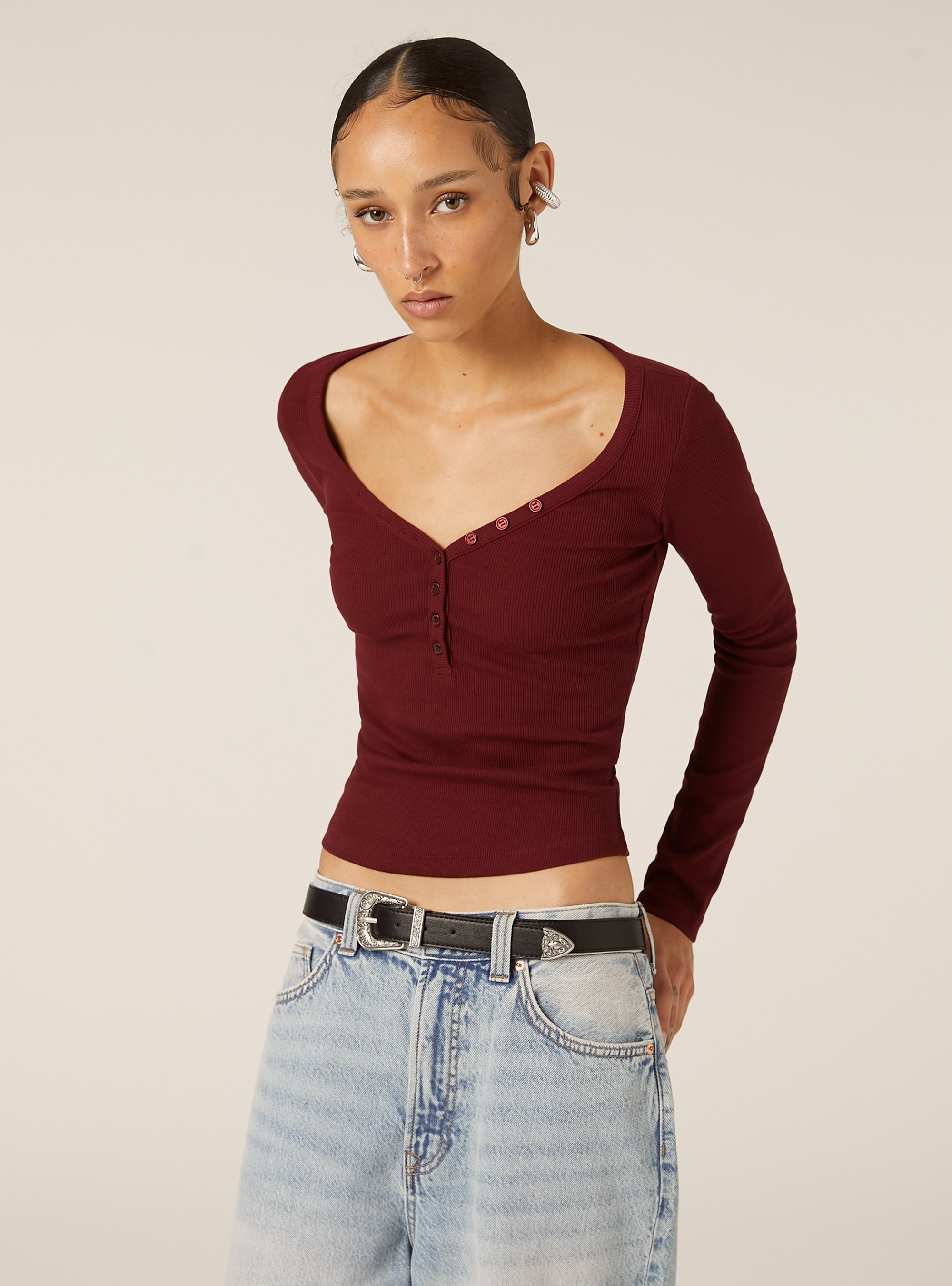 Long-sleeved V-neck T-shirt, BO1 BORDEAUX DARK