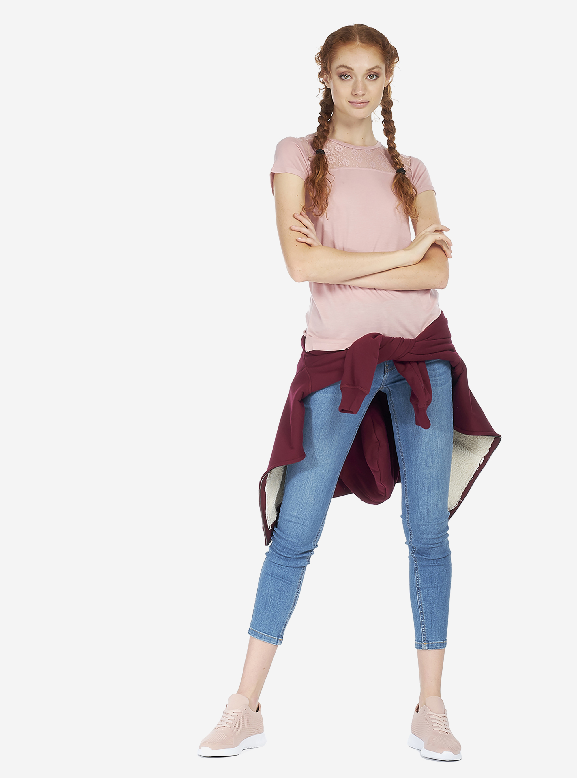 Maglietta comfort fit con dettagli in pizzo, ROSA