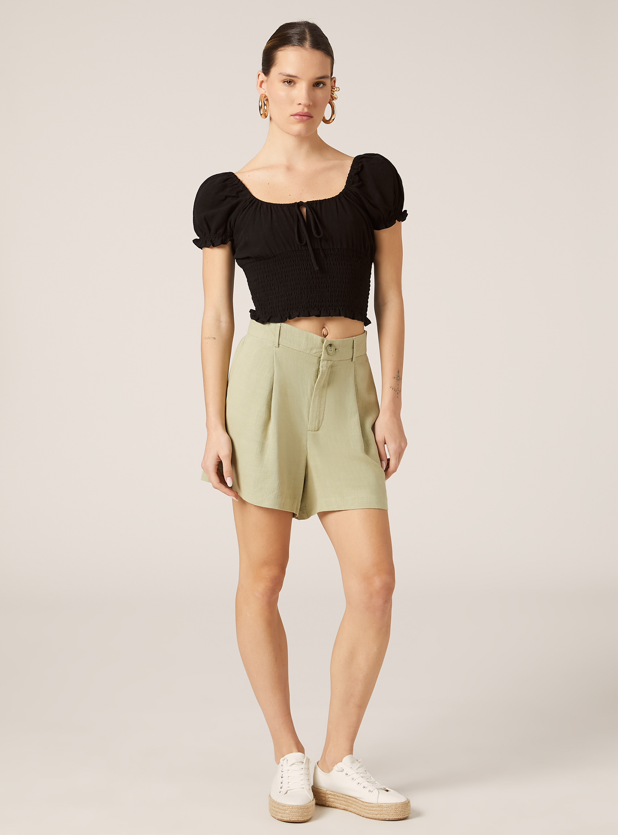 Blusa en mezcla de lino, BK1 BLACK