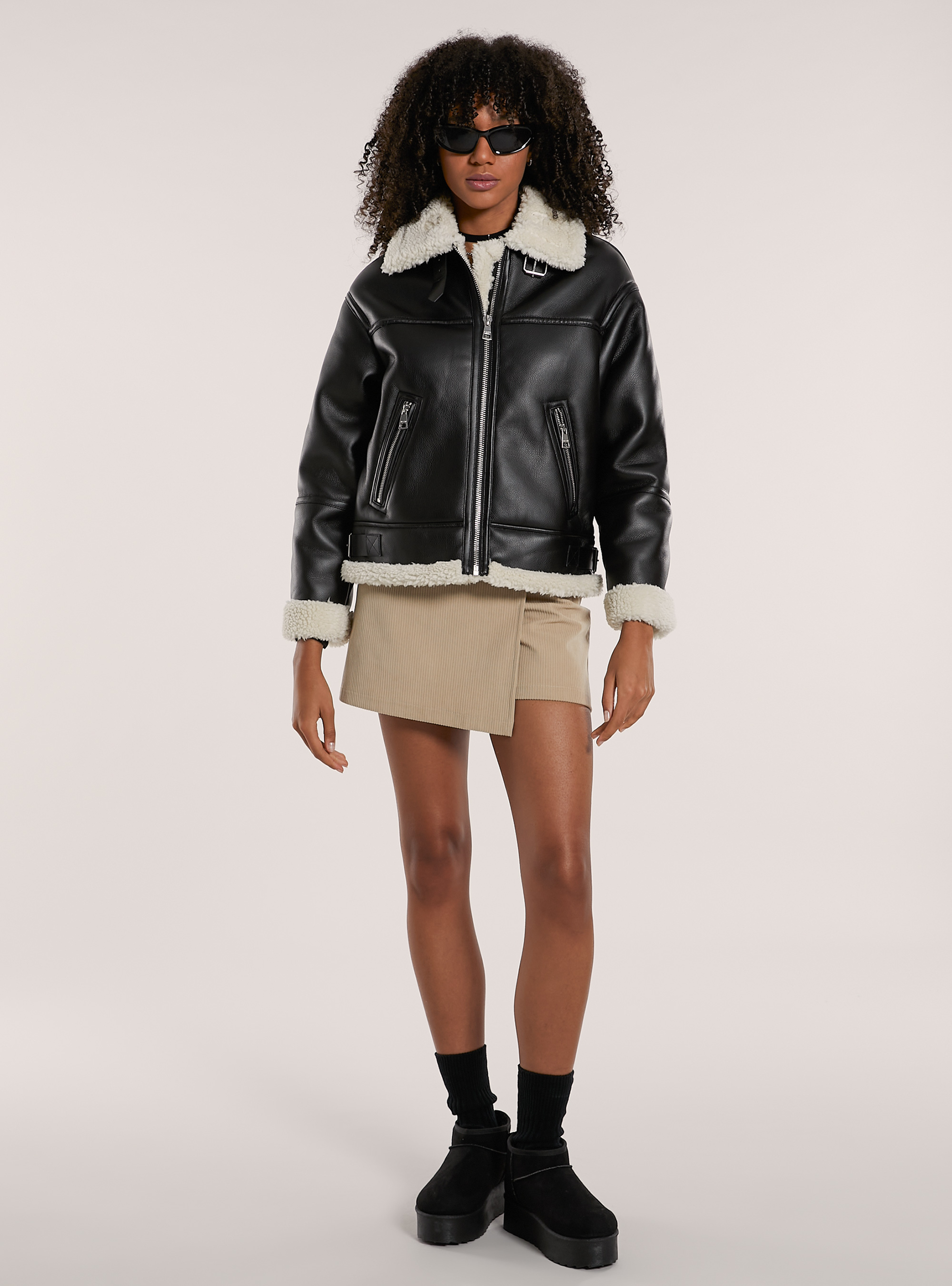 Veste en peau de mouton effet cuir double face, BK1 BLACK