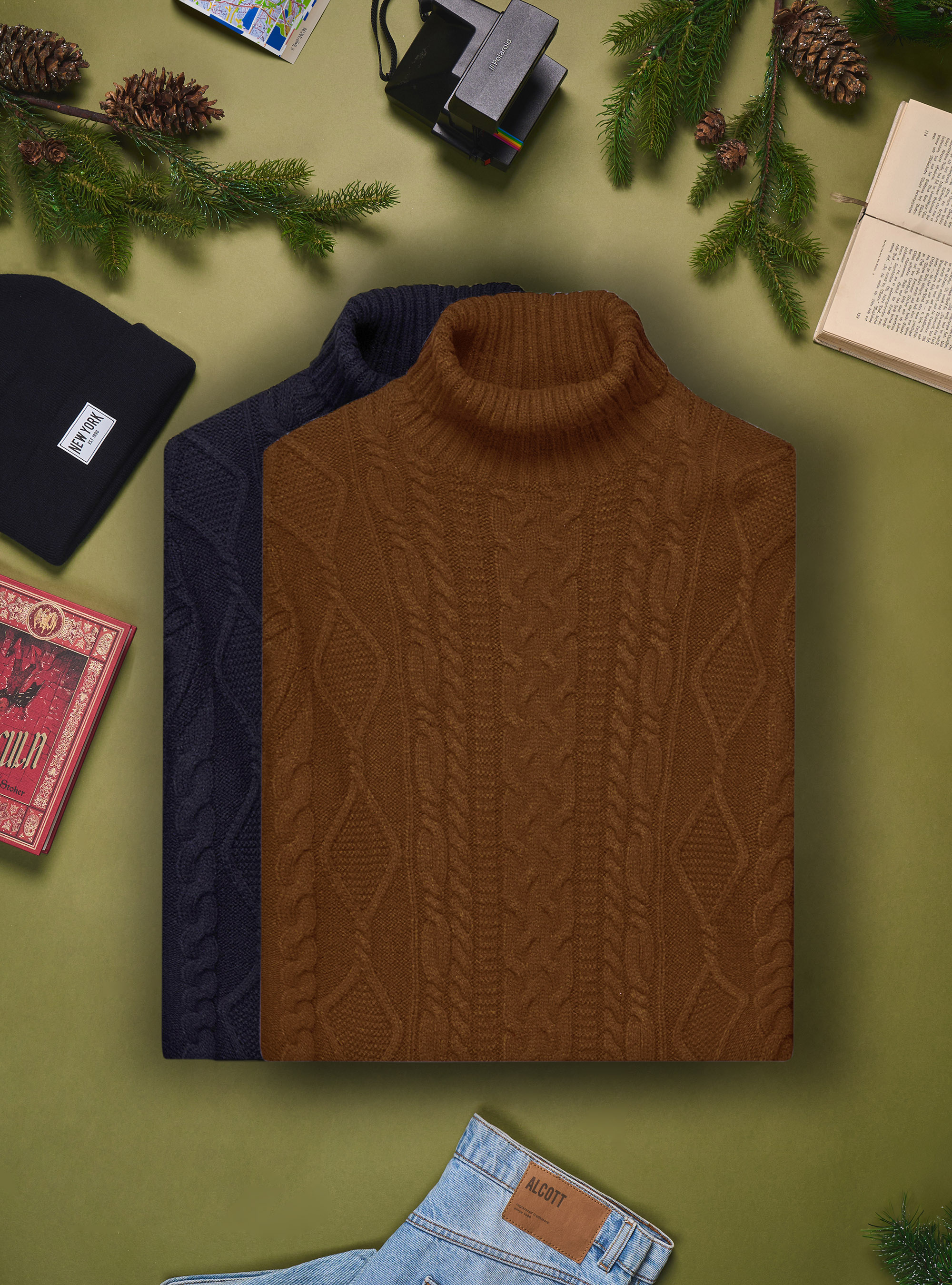 Pullover collo alto con trecce, TABACCO