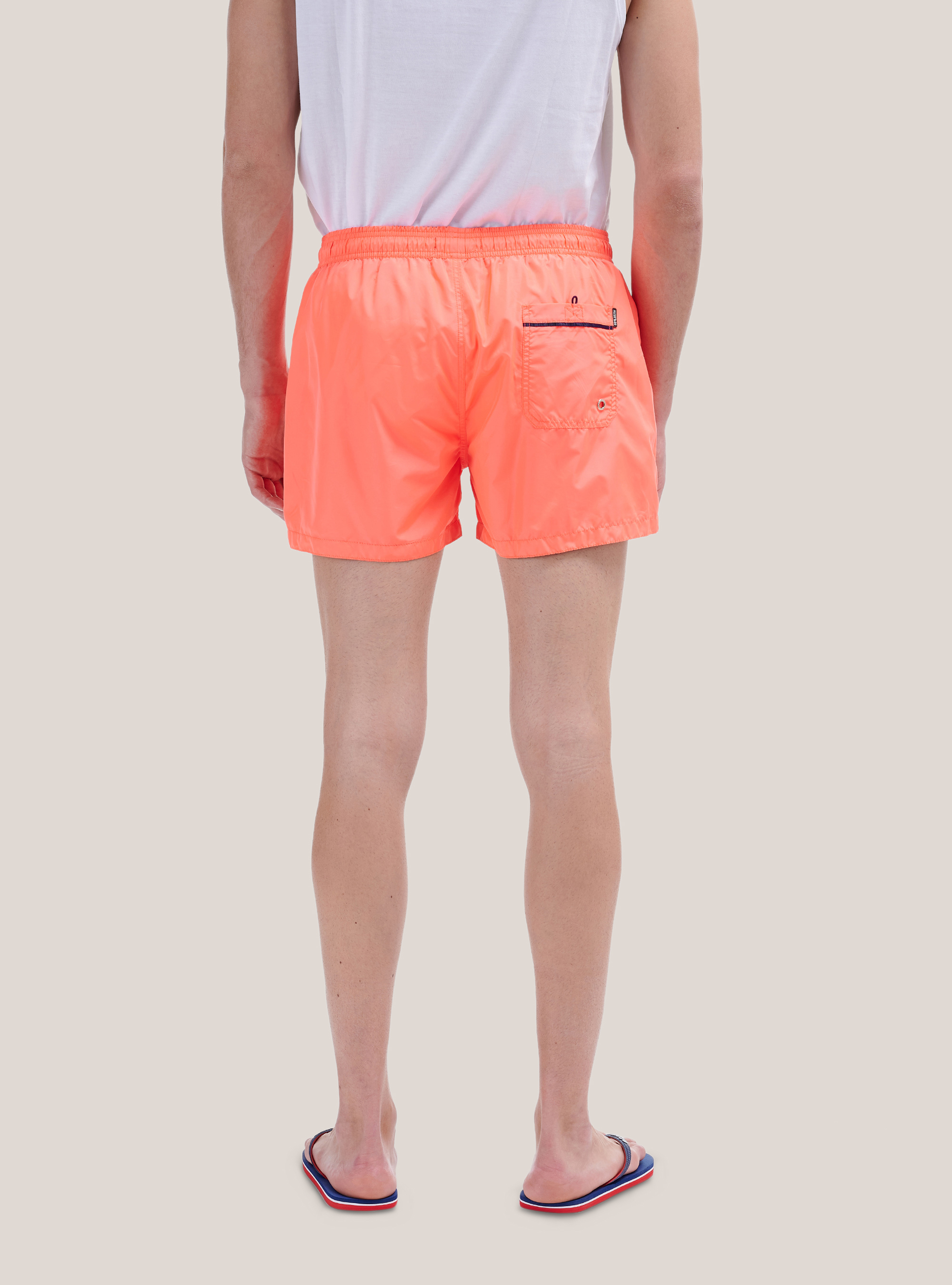 Color solid swimsuit with front embroidery and back pocket., C3383 CORAL