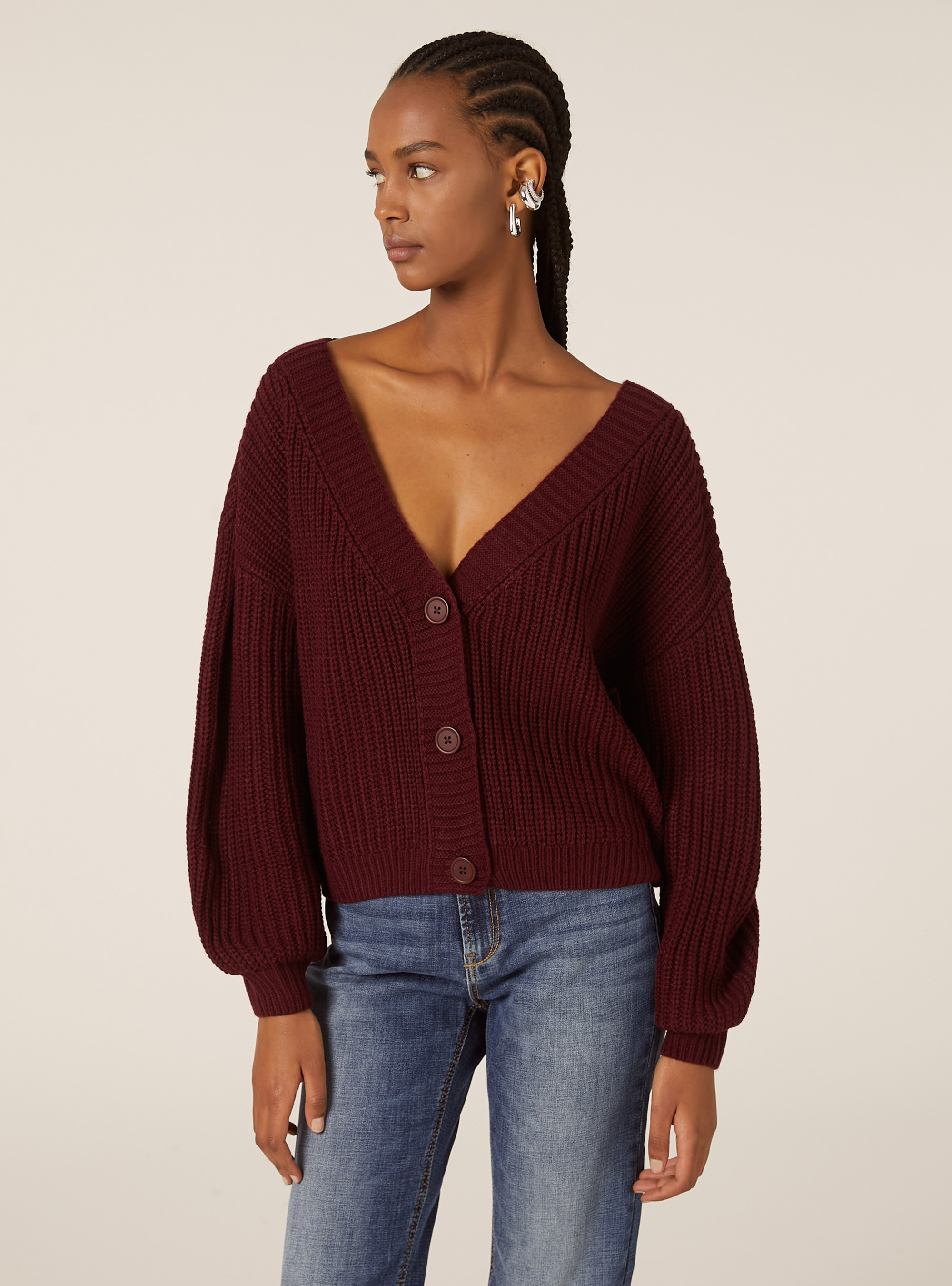 Knitted cardigan with V-neck, BO1 BORDEAUX DARK