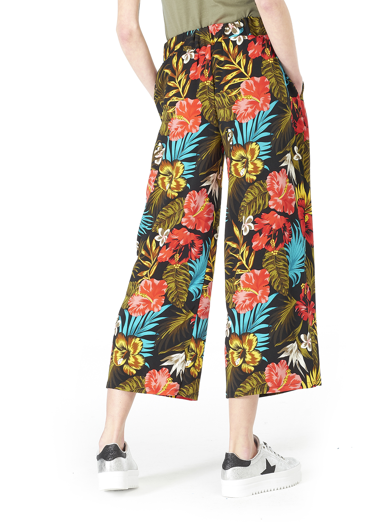 Pantalone gamba ampia vita alta e comfort fit, FL101 FLOWER BLACK