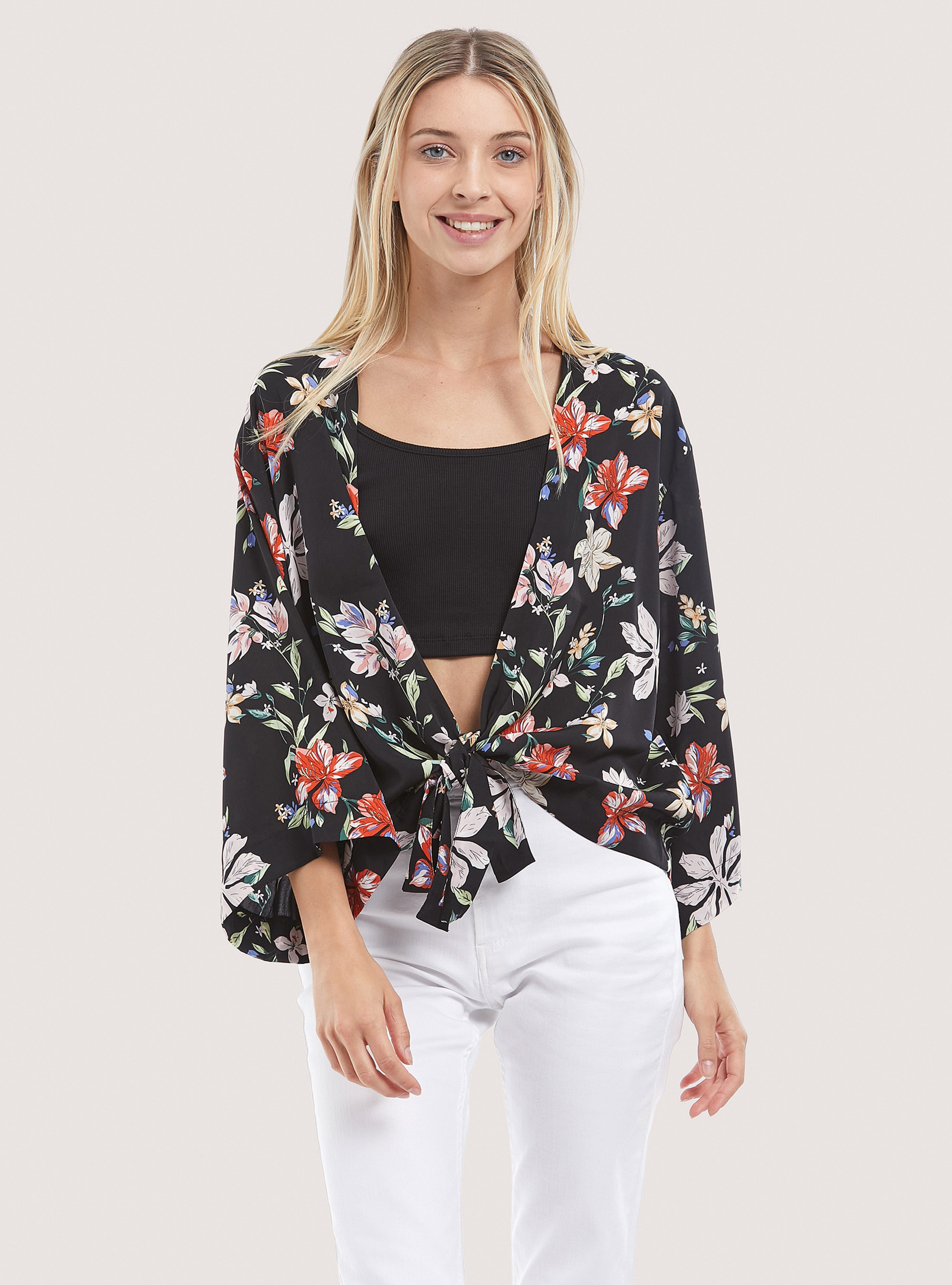 Kimono avec imprimé floral, FL101 FLOWER BLACK