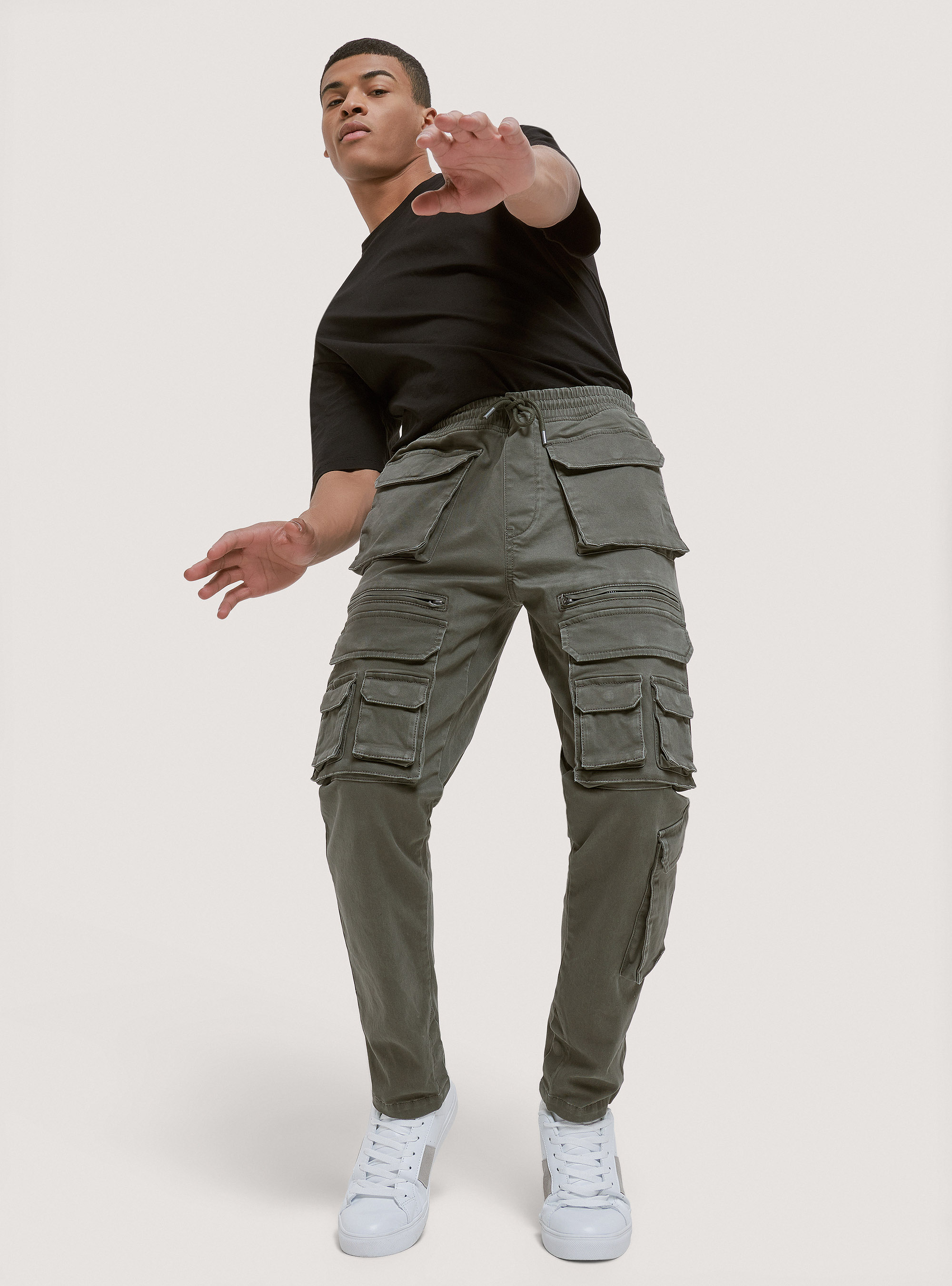 Drawstring trousers in stretch twill, KAKI