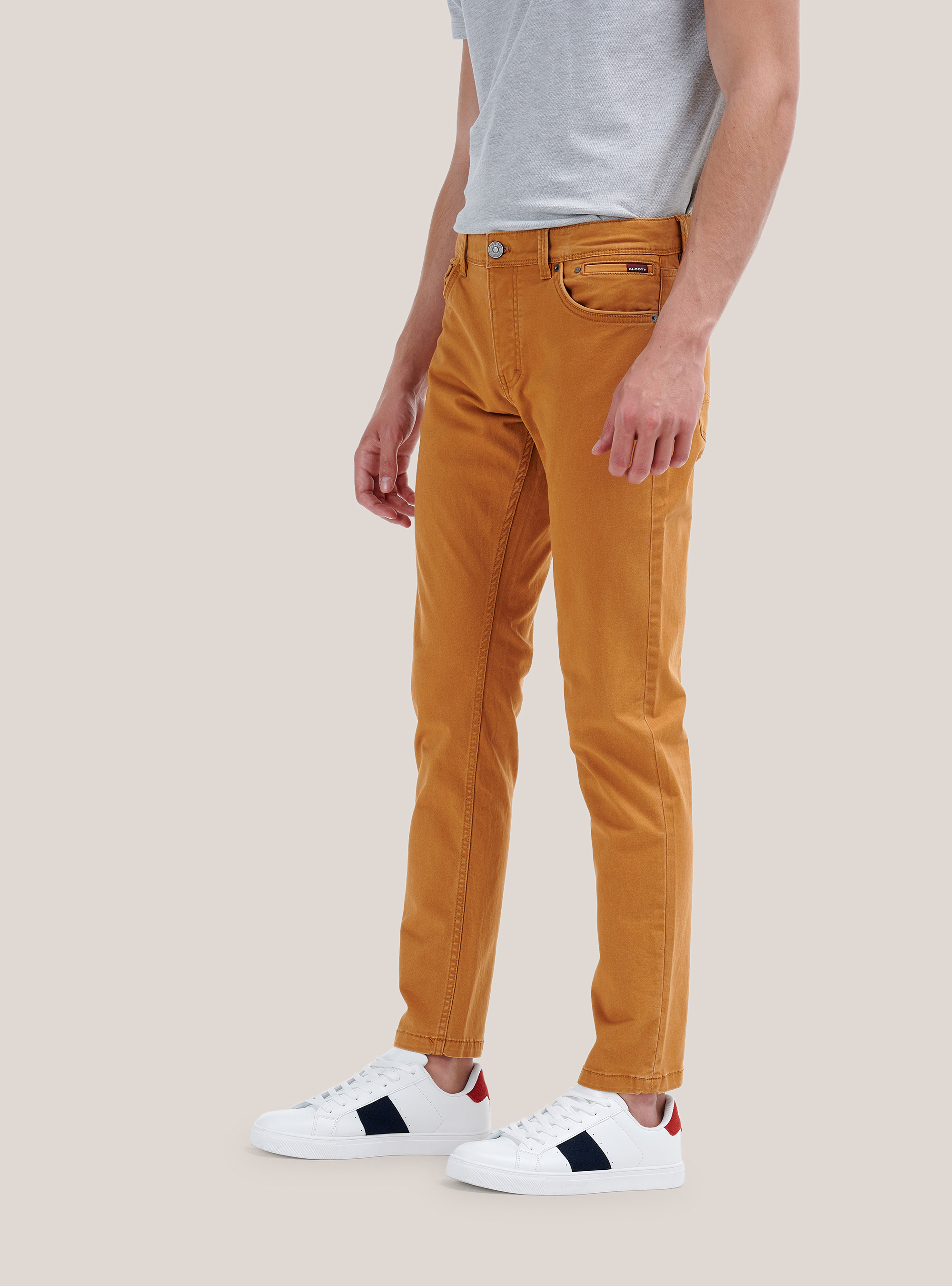 Recycled cotton skinny fit trousers, MUSTARD