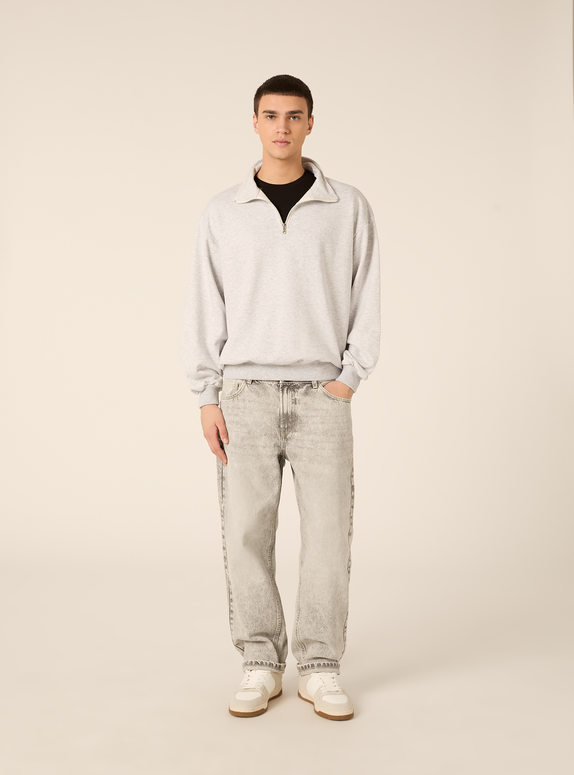 Felpa mezzo collo con zip boxy fit, MGY3 GREY MEL LIGHT