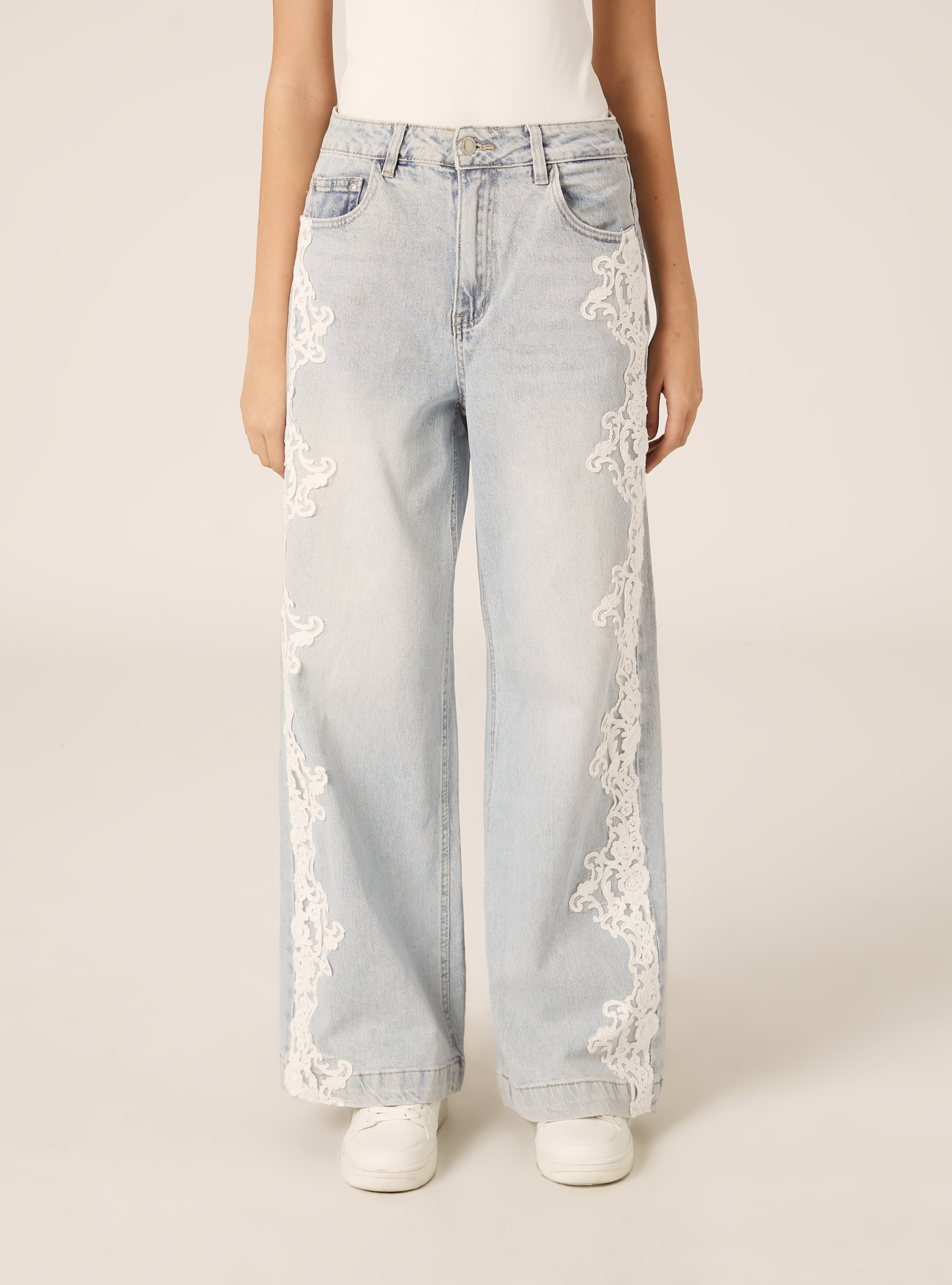 Jeans wide leg dettaglio pizzo laterale, D006 AZURE