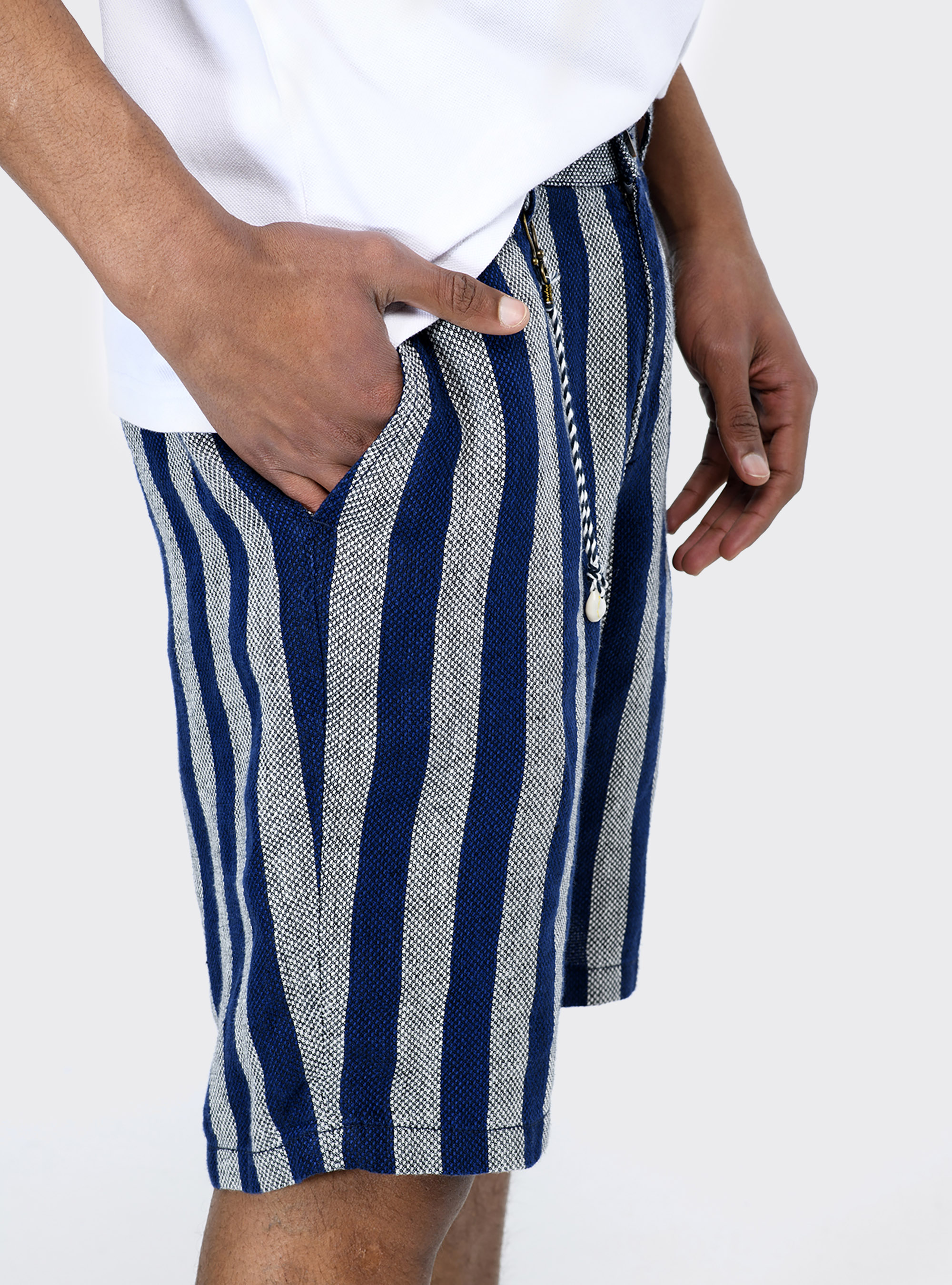 Bermuda a righe verticali in puro lino, BLU MARINO