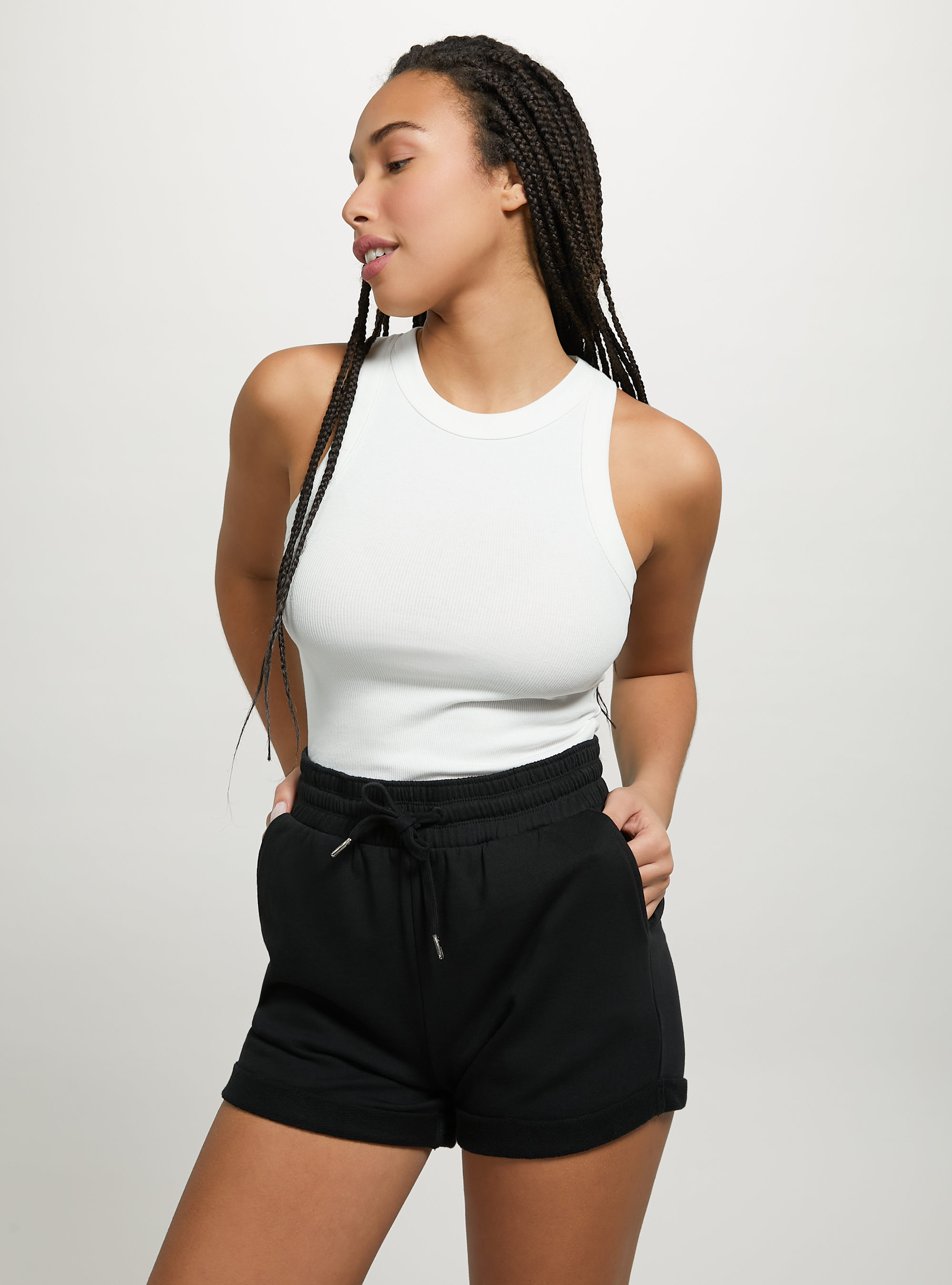 Cotton shorts with turn-ups and drawstrings, BLACK