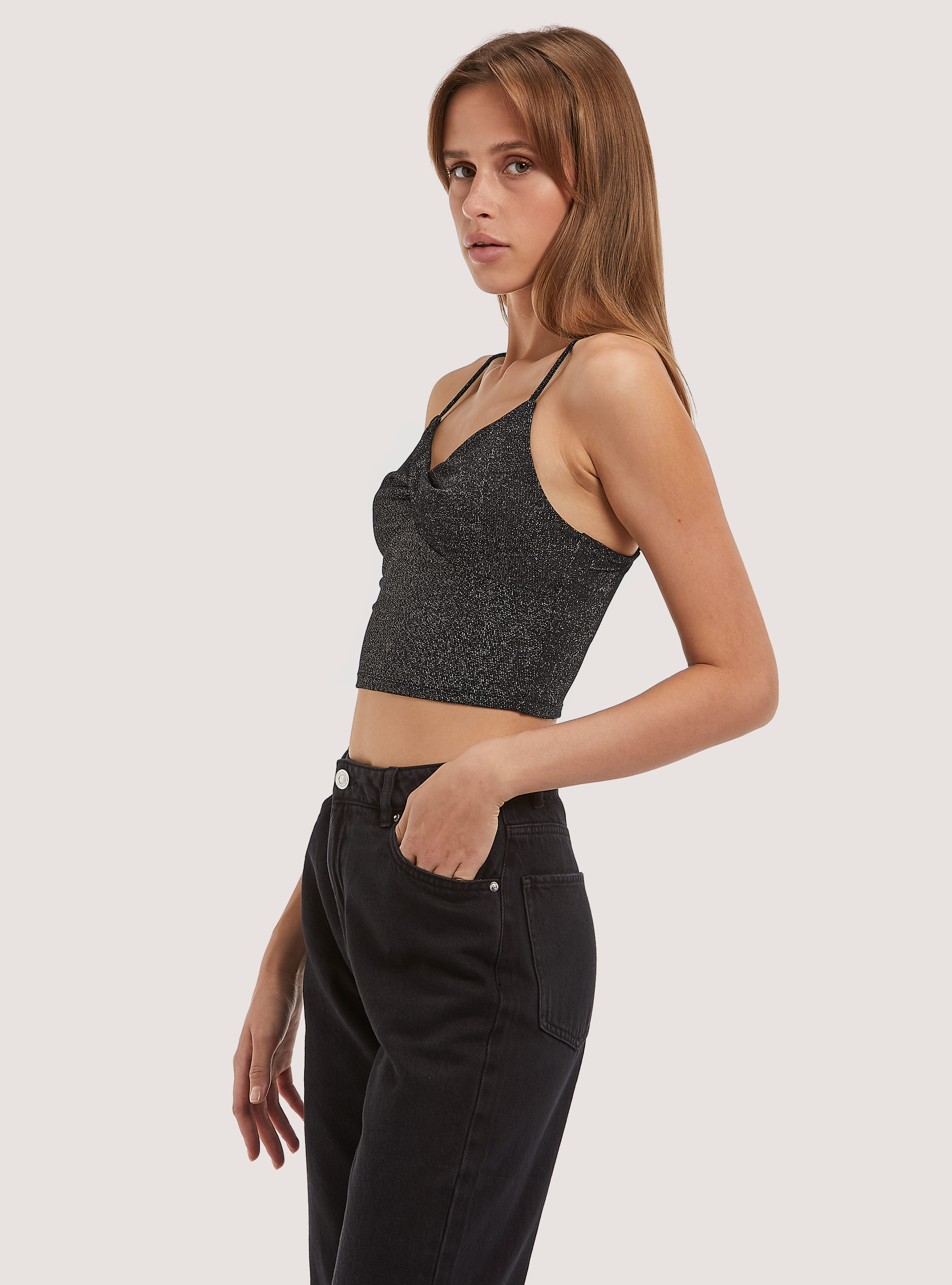 Top cropped in lurex, BK1 BLACK