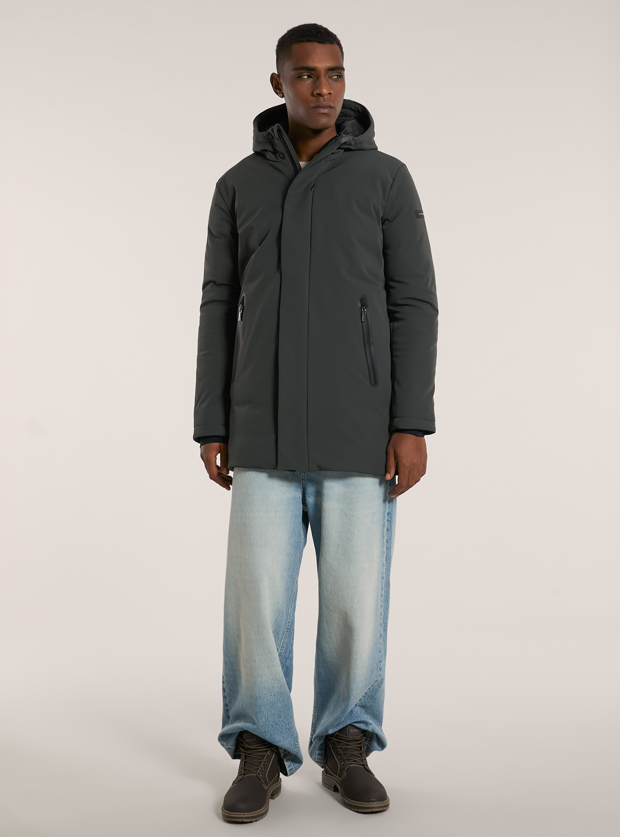 Long technical jacket with recycled padding, KY1 KAKY DARK