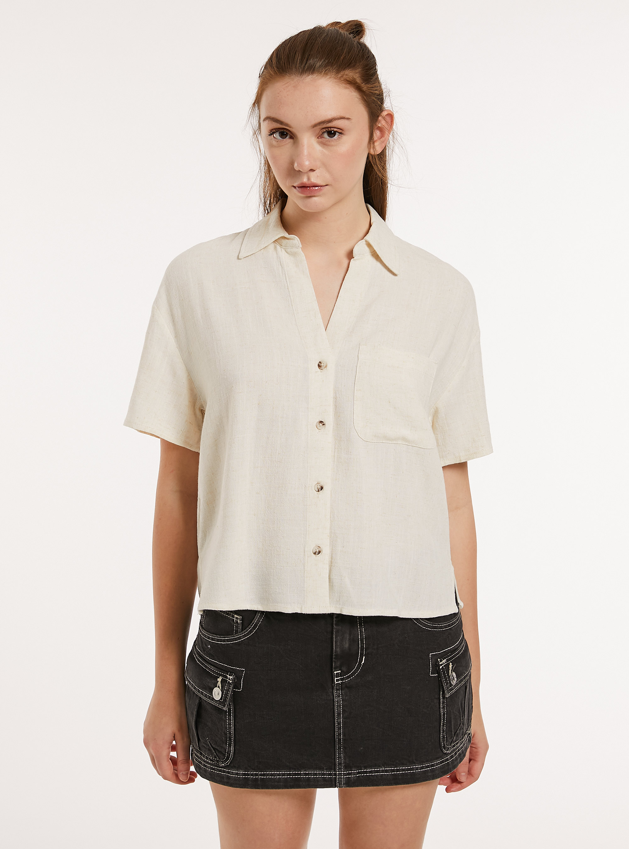 Linen blend cropped shirt, BG3 BEIGE LIGHT