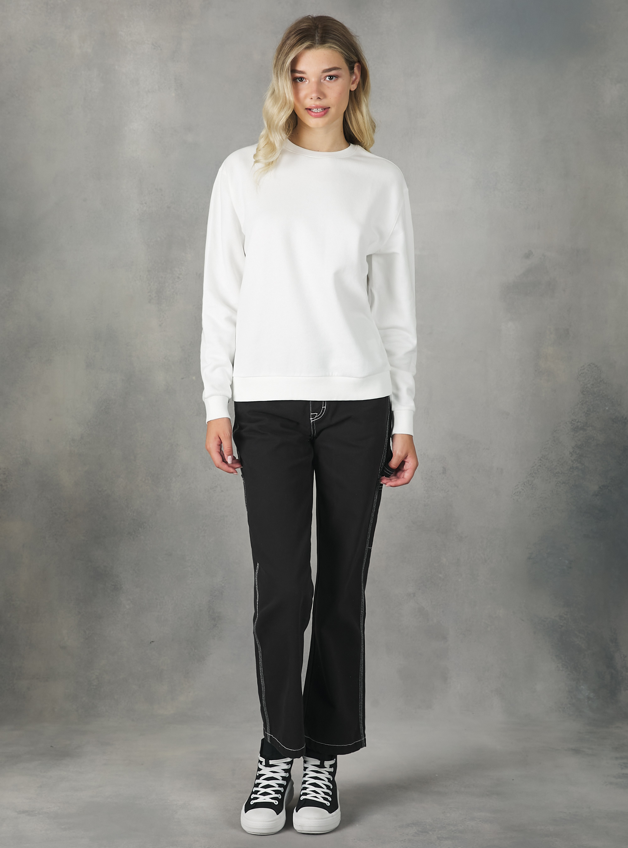 Sweat à col ras du cou en coton uni, WH2 WHITE