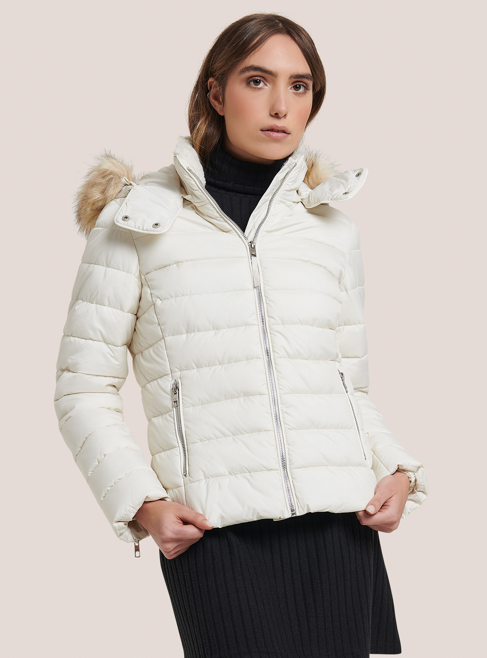 Padded jacket with hood and faux fur collar, OFF-WHITE
