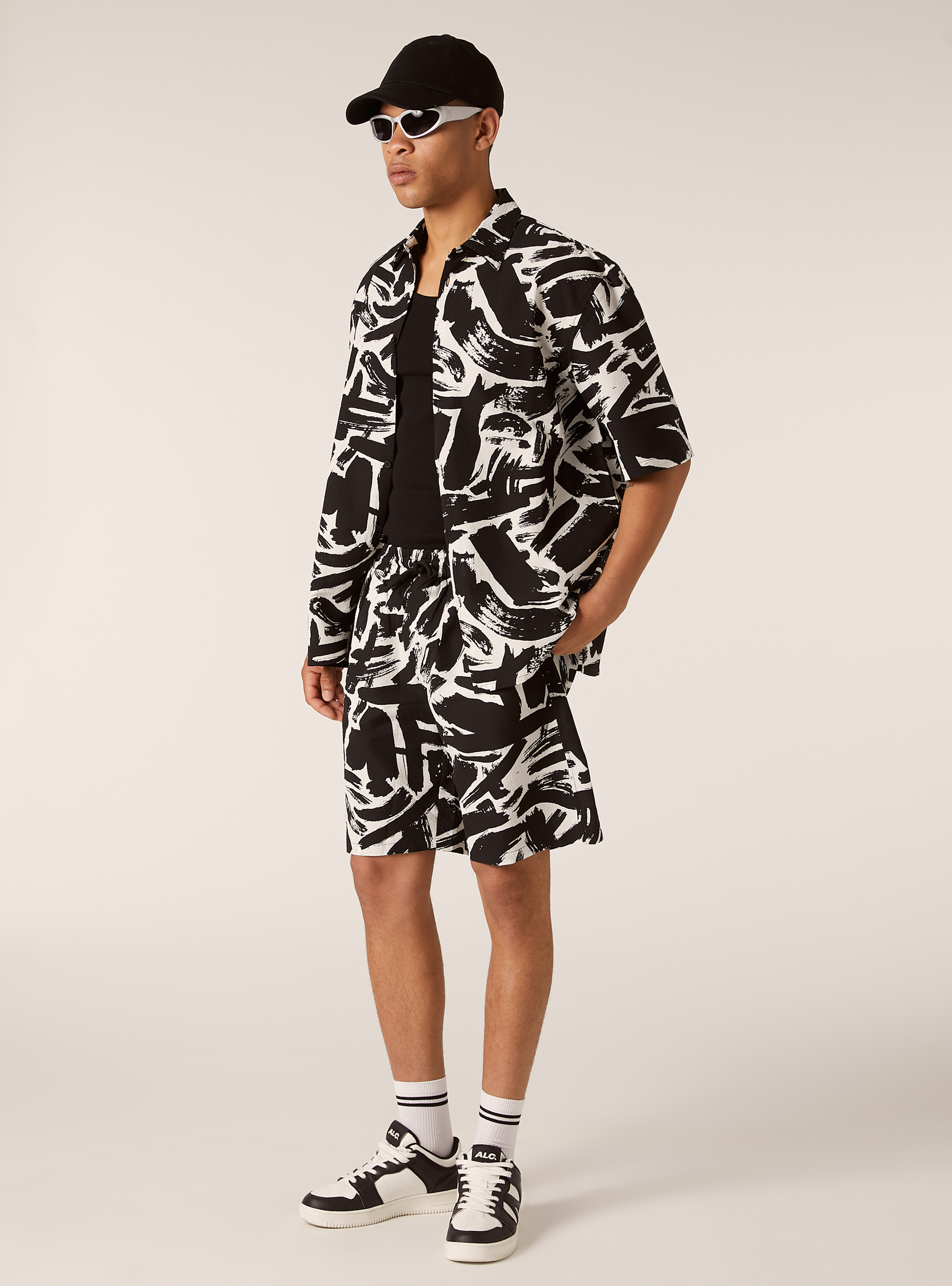 Chemise en seersucker imprim&eacute;, BK1 BLACK