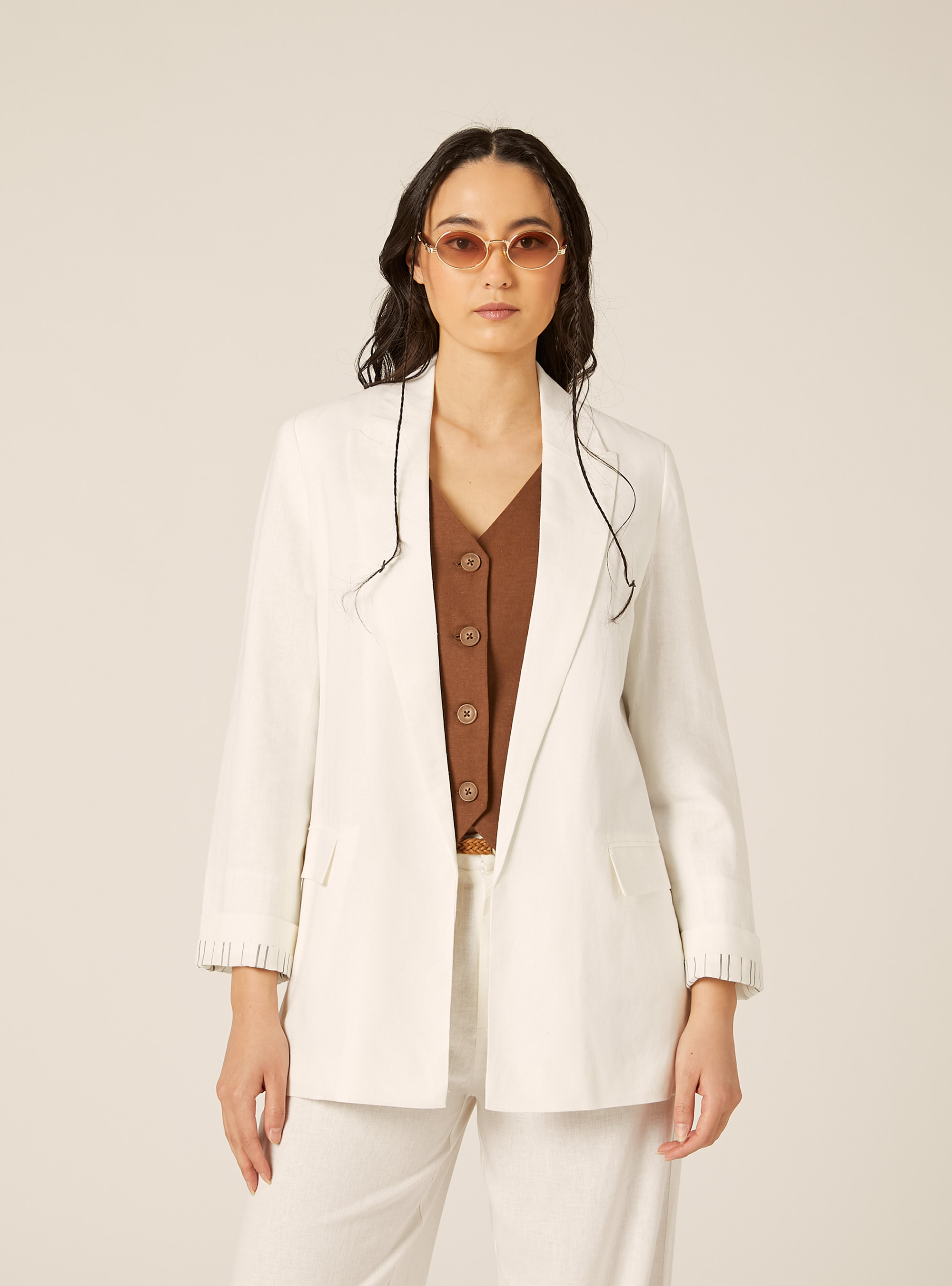 Blazer aperto misto lino, WH2 WHITE