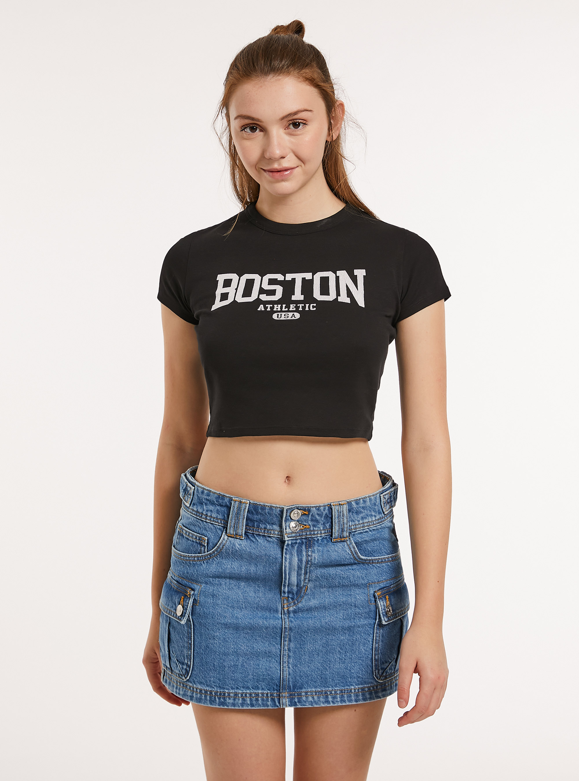 Cropped t-shirt with print, BK1 BLACK