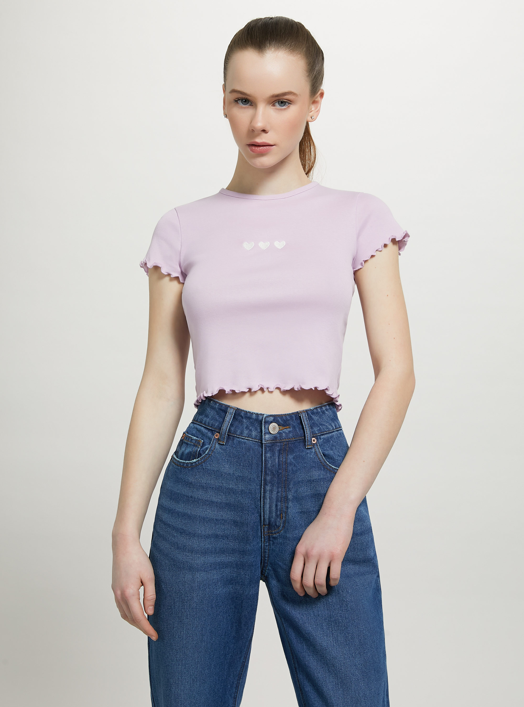 Cotton T-shirt with embroidery, C4546 LILLAC