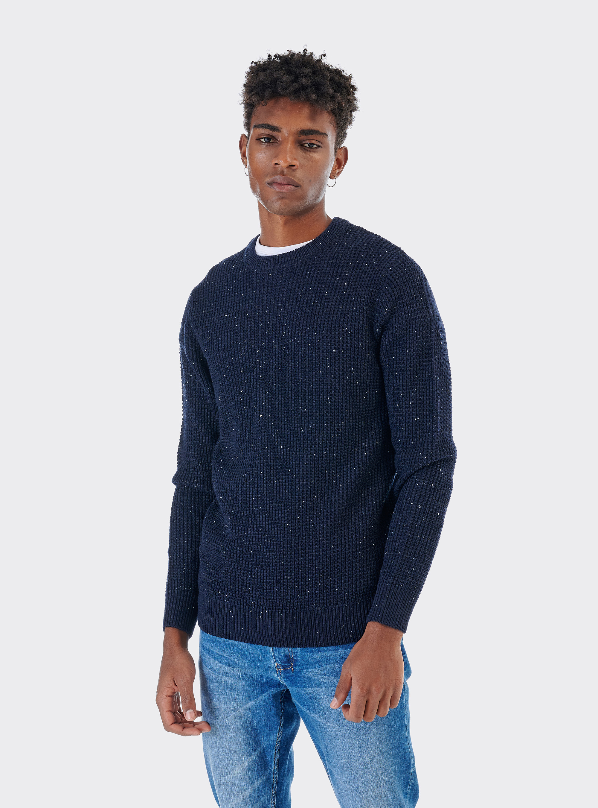 Round neckpullover with naps in wool blend, BLUE NAVY