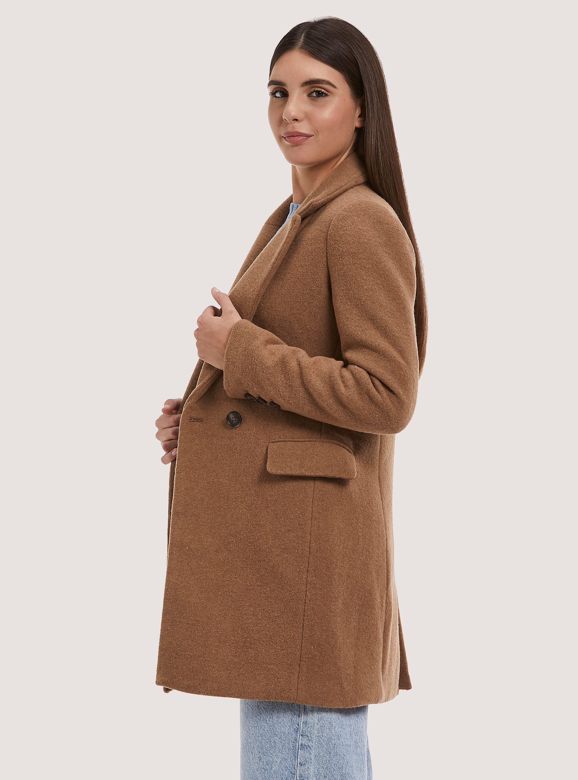 Wool blend double-breasted coat, C5508 TOBACCO