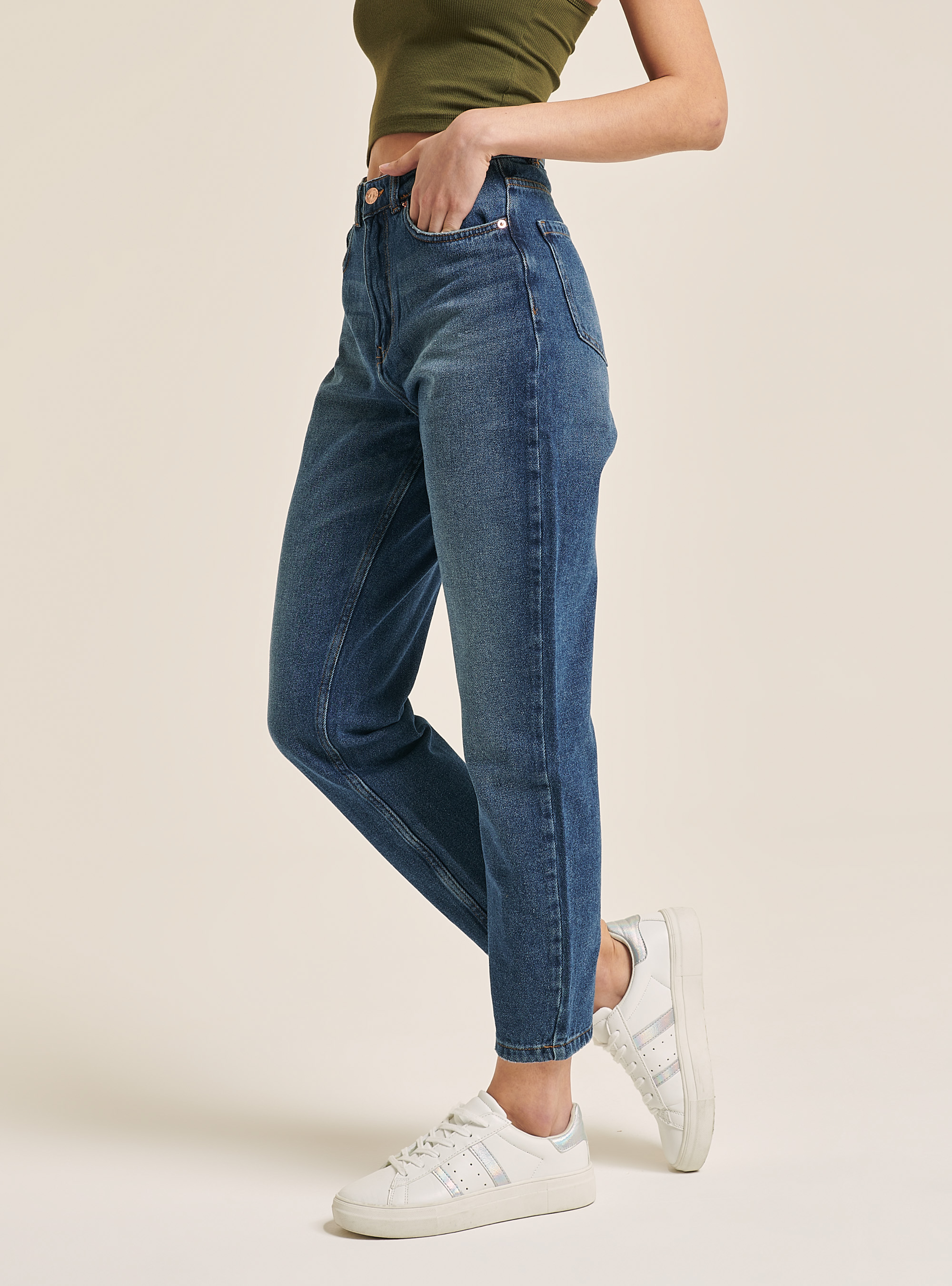 Cotton mom fit jeans, D003 MEDIUM BLUE