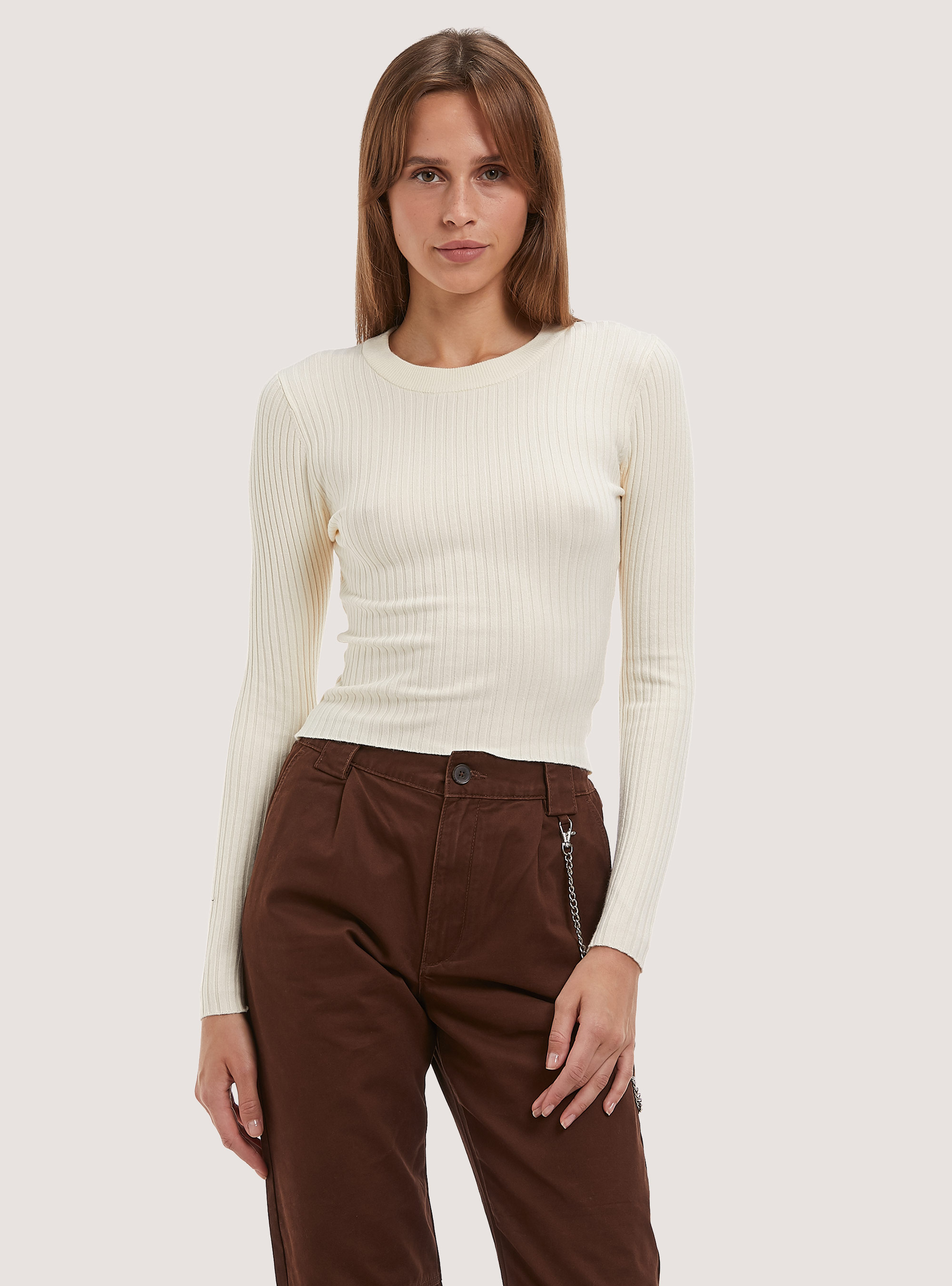 Pullover morbido cropped a costine elasticizzato, WH1 OFF WHITE