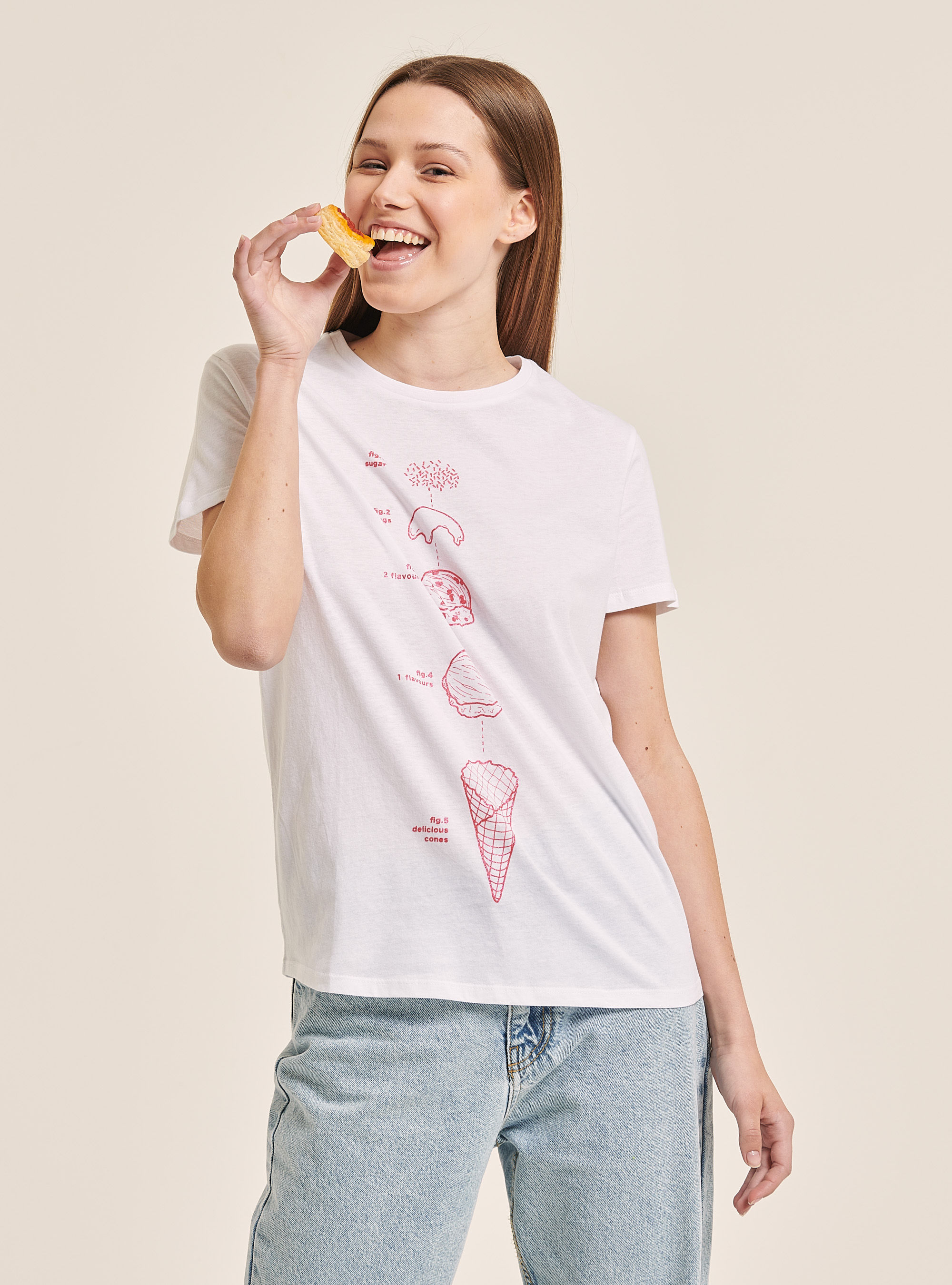 Crew-neck T-shirt with ice cream print, WHITE