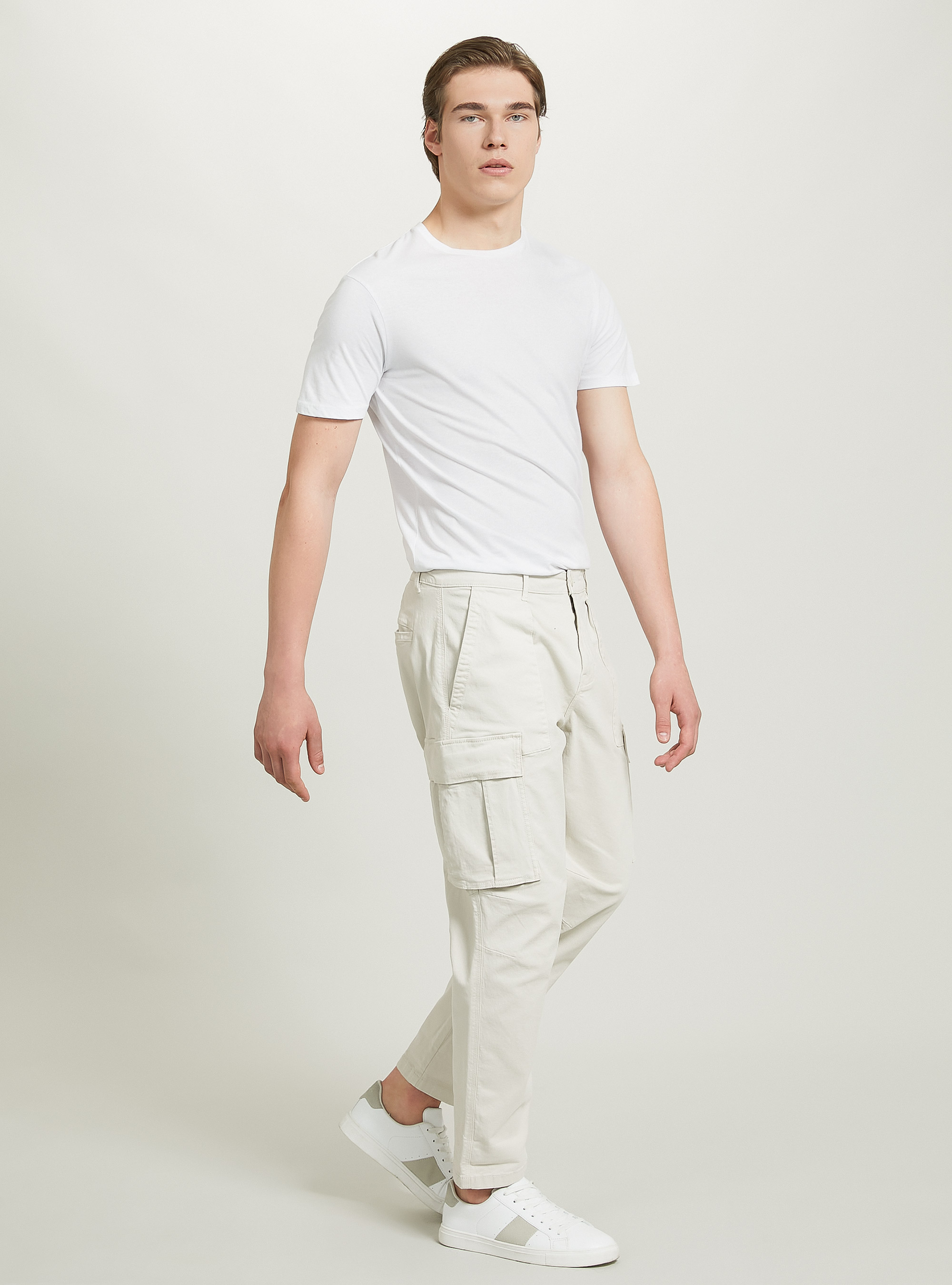 Pantaloni cargo relaxed in twill stretch, BG3 BEIGE LIGHT