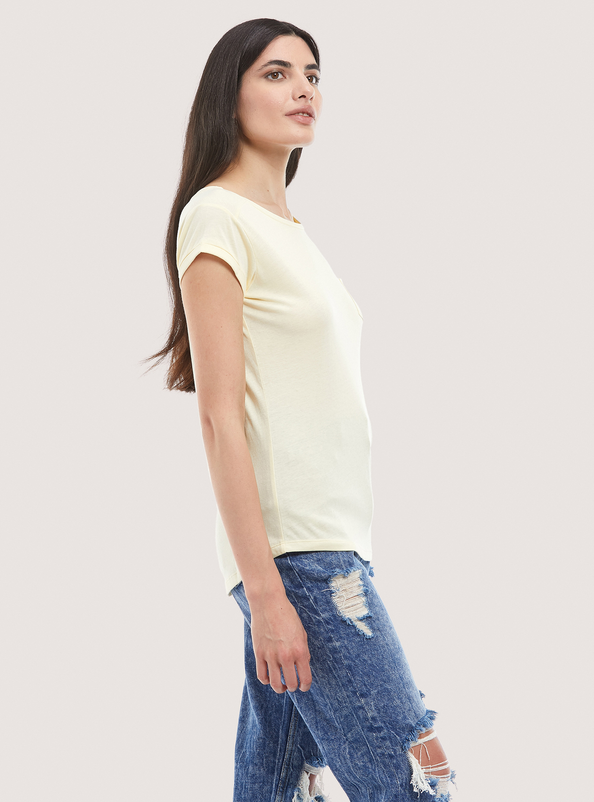 Camiseta b&aacute;sica de algod&oacute;n con bolsillo en el pecho, C7758 YELLOW