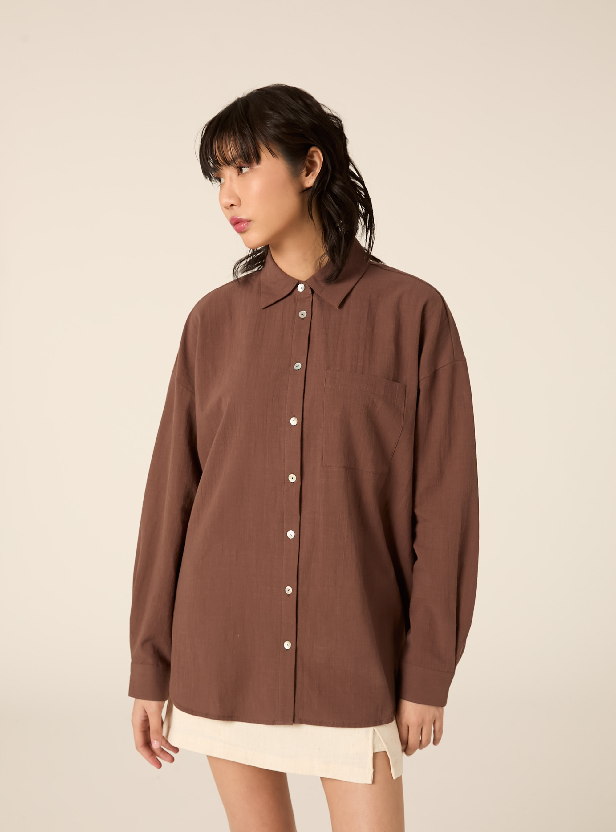 Camicia oversize con tasca, MARRONE MEDIO